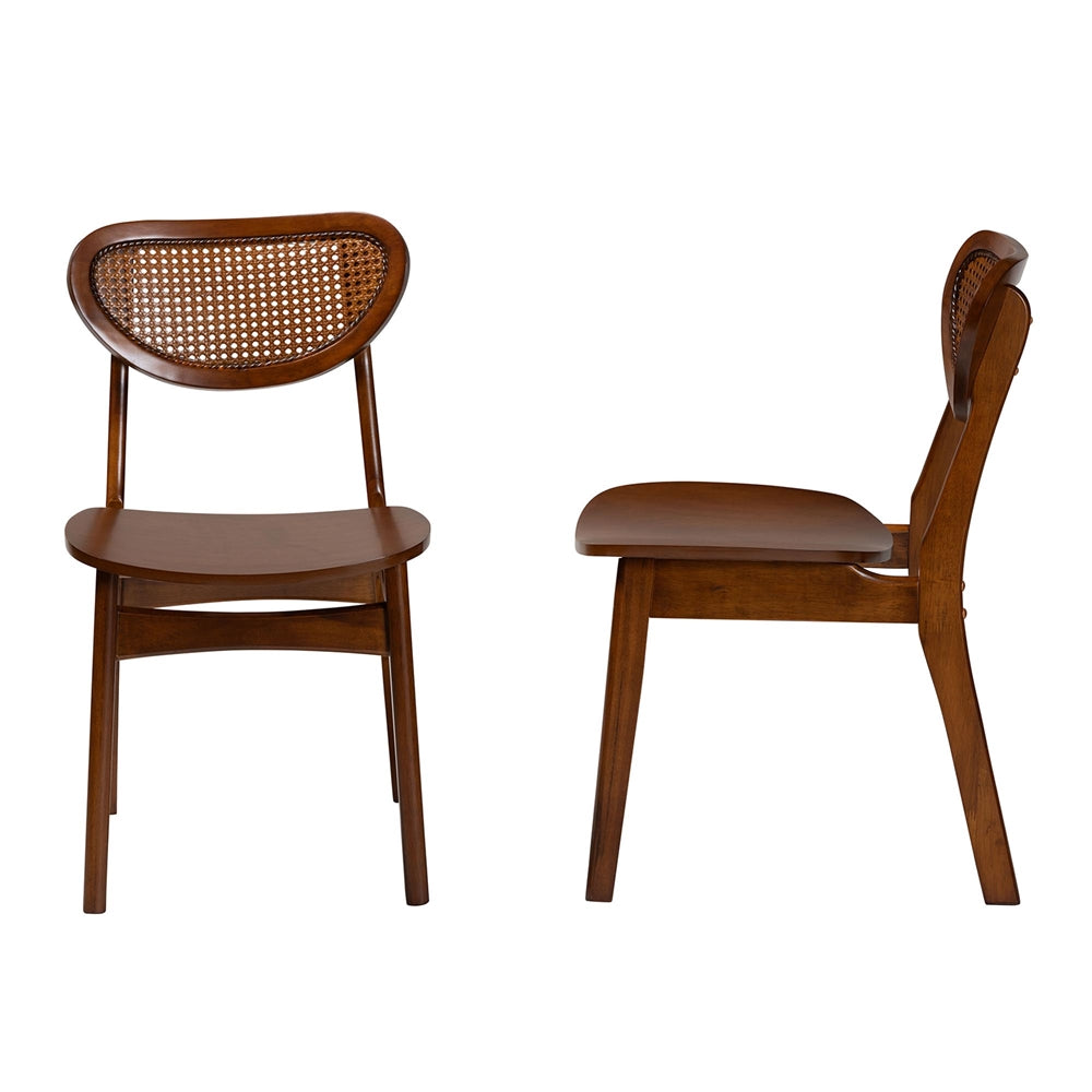 Hesper Mid-Century Modern Walnut Brown Finished Wood and Rattan 2-Piece Dining Chair Set
