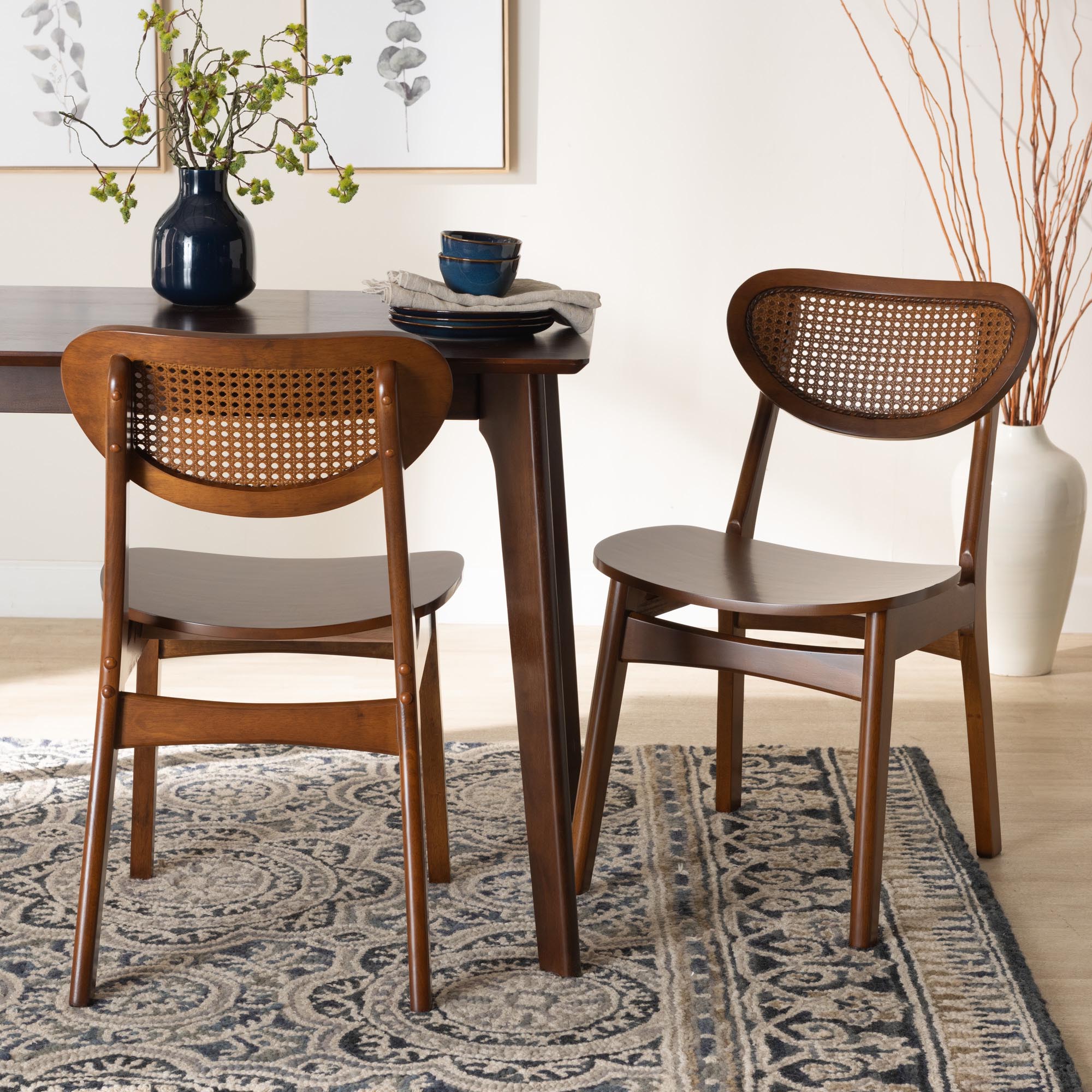 Hesper Mid-Century Modern Walnut Brown Finished Wood and Rattan 2-Piece Dining Chair Set