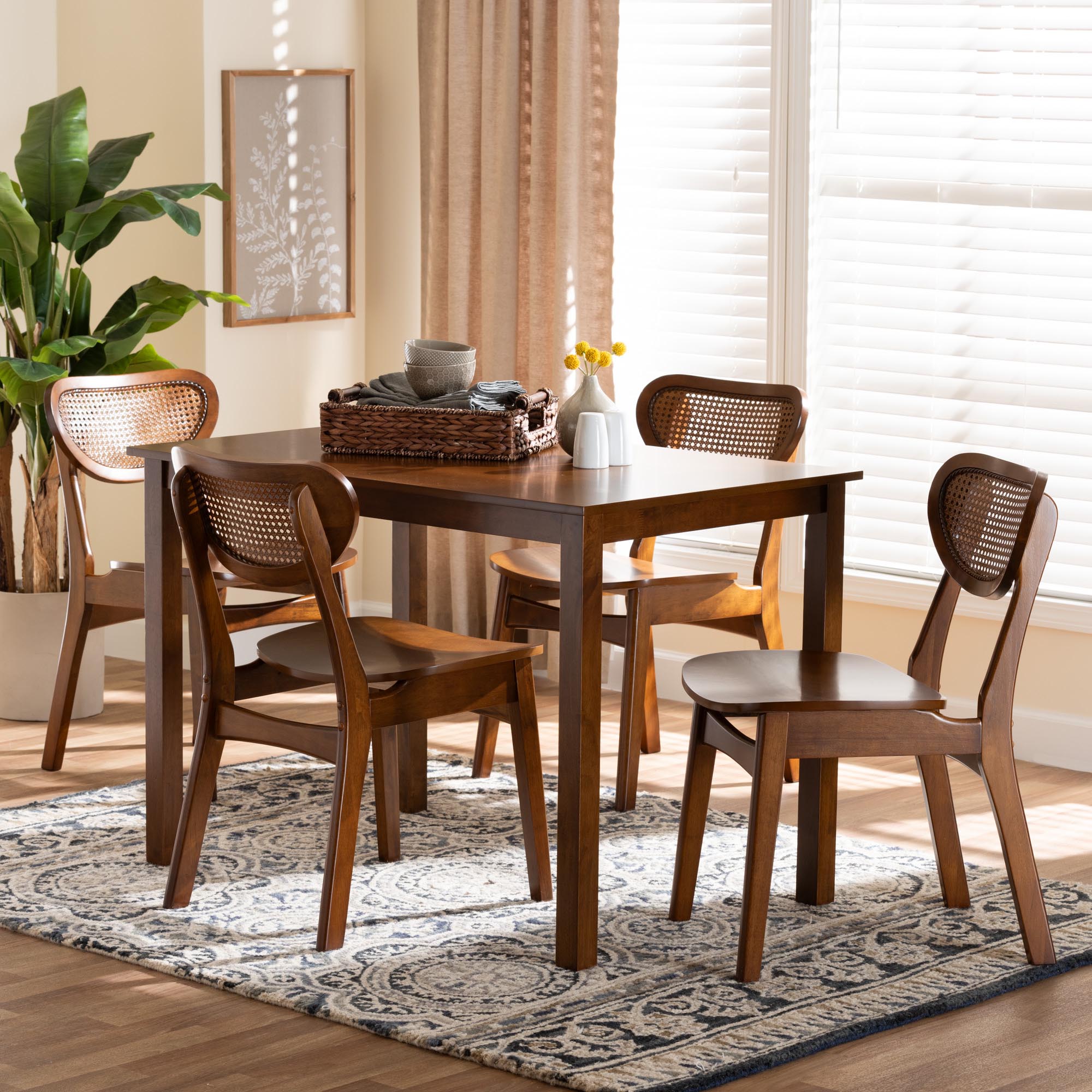 Jeriah Mid-Century Modern Walnut Brown Finished Wood and Woven Rattan 5-Piece Dining Set