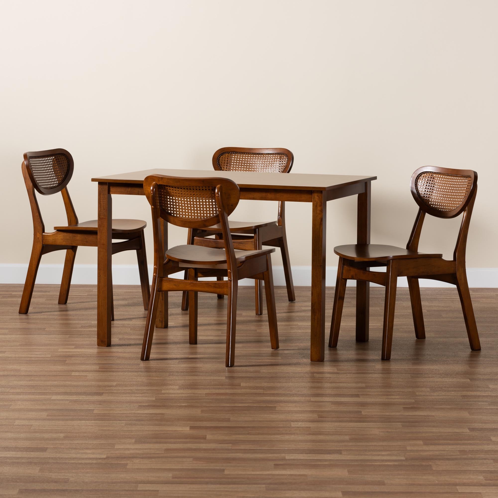 Jeriah Mid-Century Modern Walnut Brown Finished Wood and Woven Rattan 5-Piece Dining Set