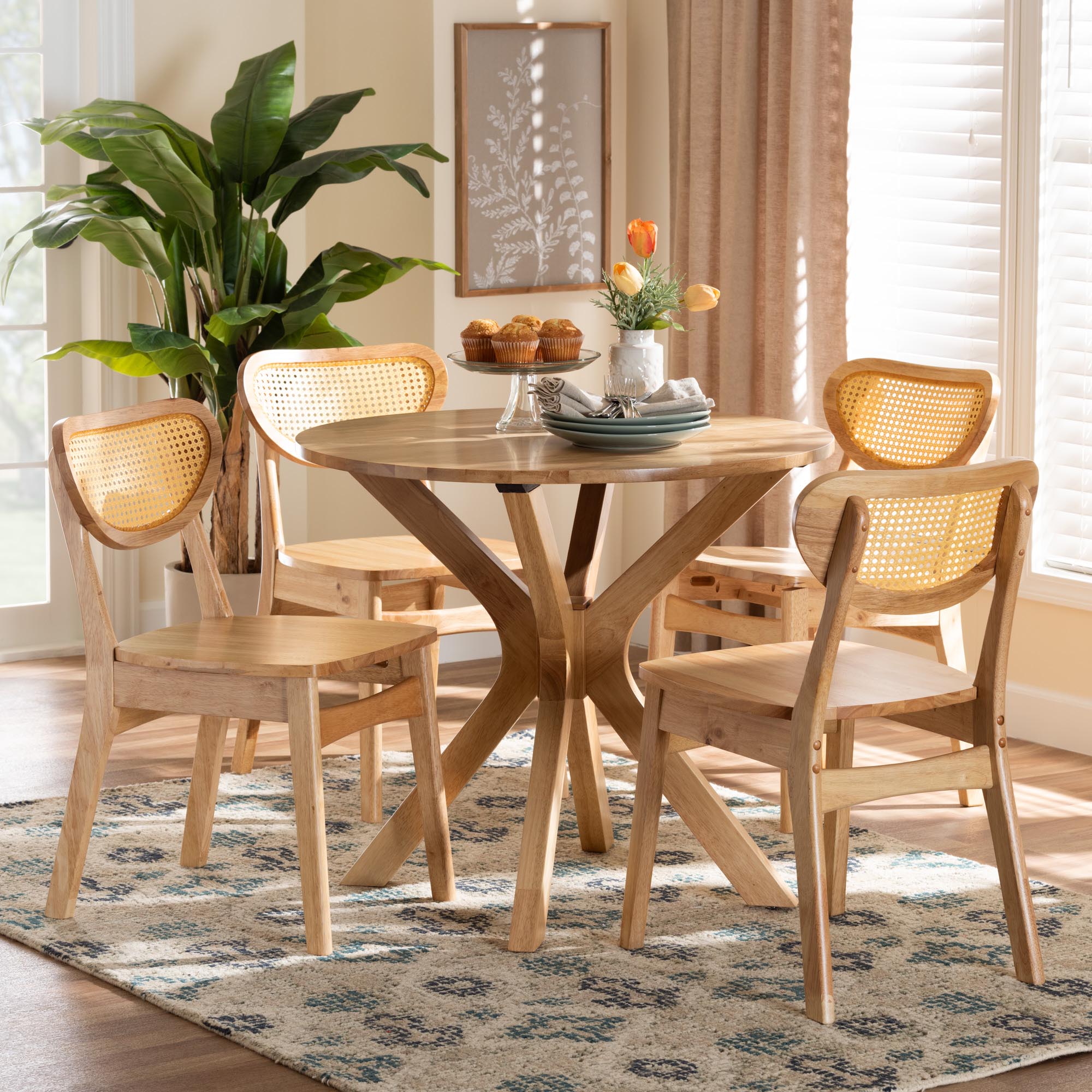 Donato Mid-Century Modern Oak Brown Finished Wood and Rattan 5-Piece Dining Set
