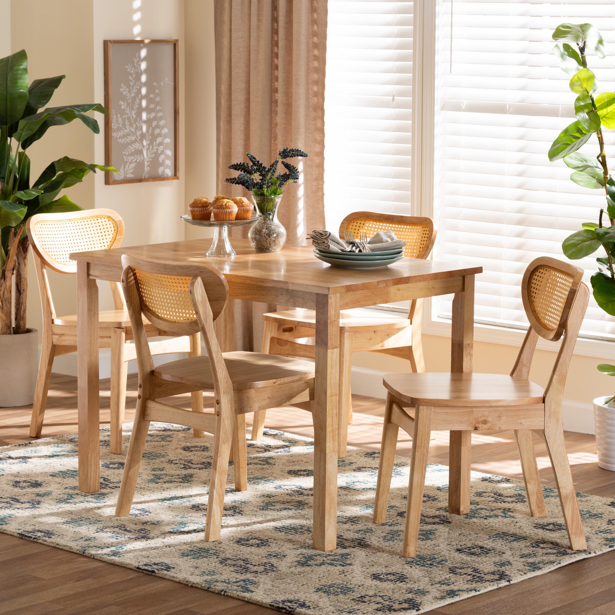 Haviland Mid-Century Modern Oak Brown Finished Wood and Rattan 5-Piece Dining Set