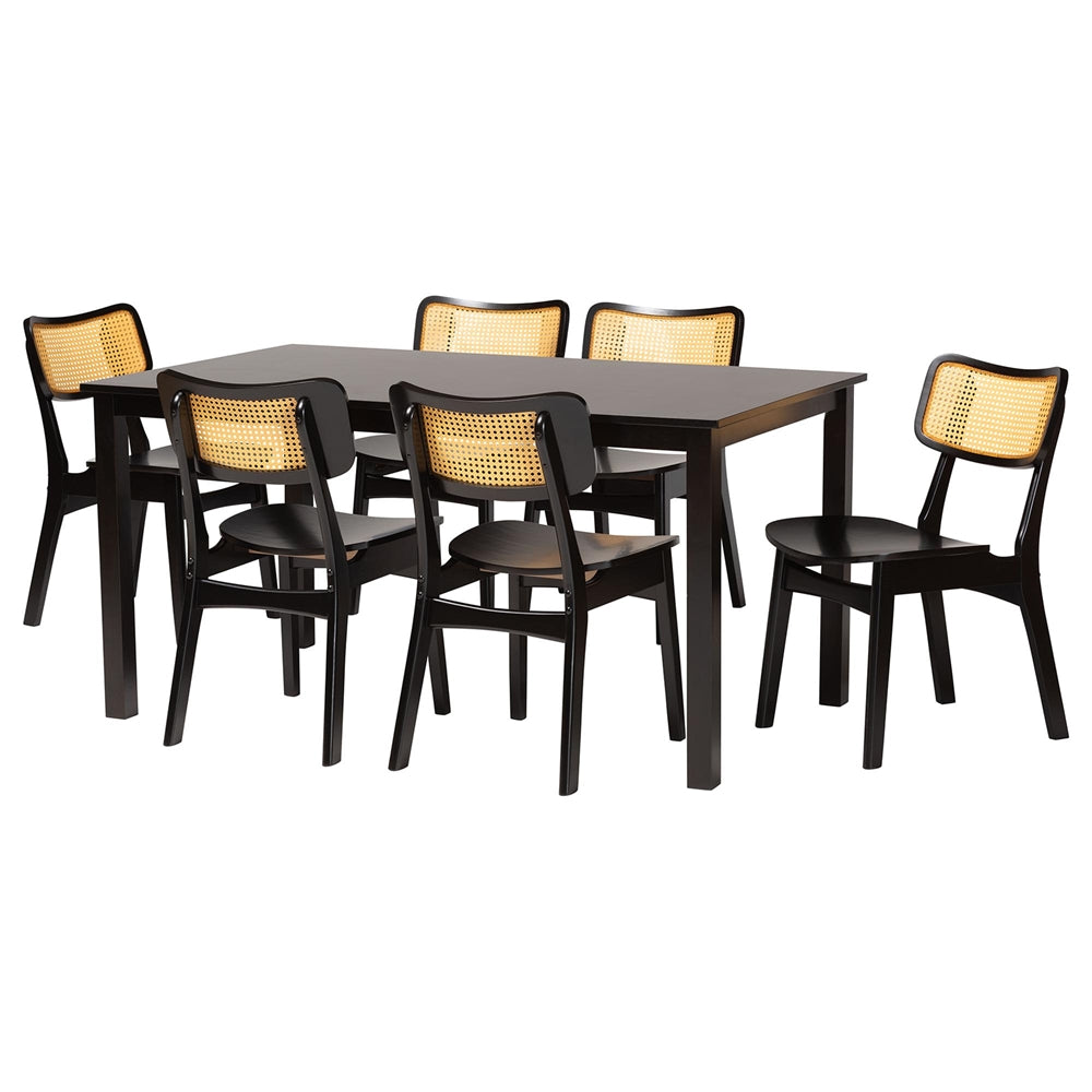 Estera Mid-Century Modern Dark Brown Finished Wood and Rattan 7-Piece Dining Set