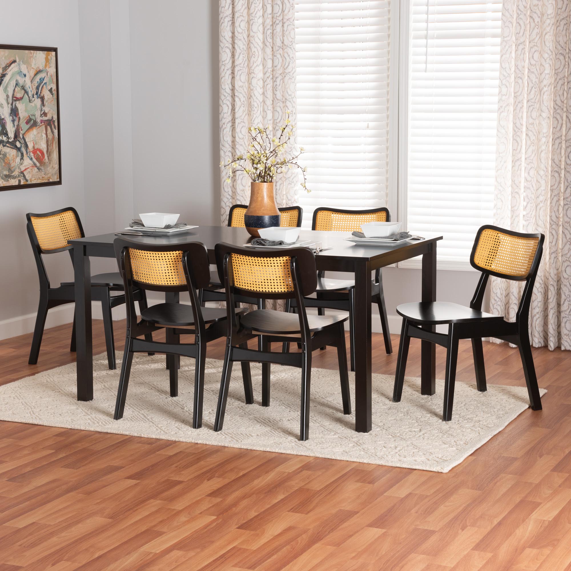 Estera Mid-Century Modern Dark Brown Finished Wood and Rattan 7-Piece Dining Set