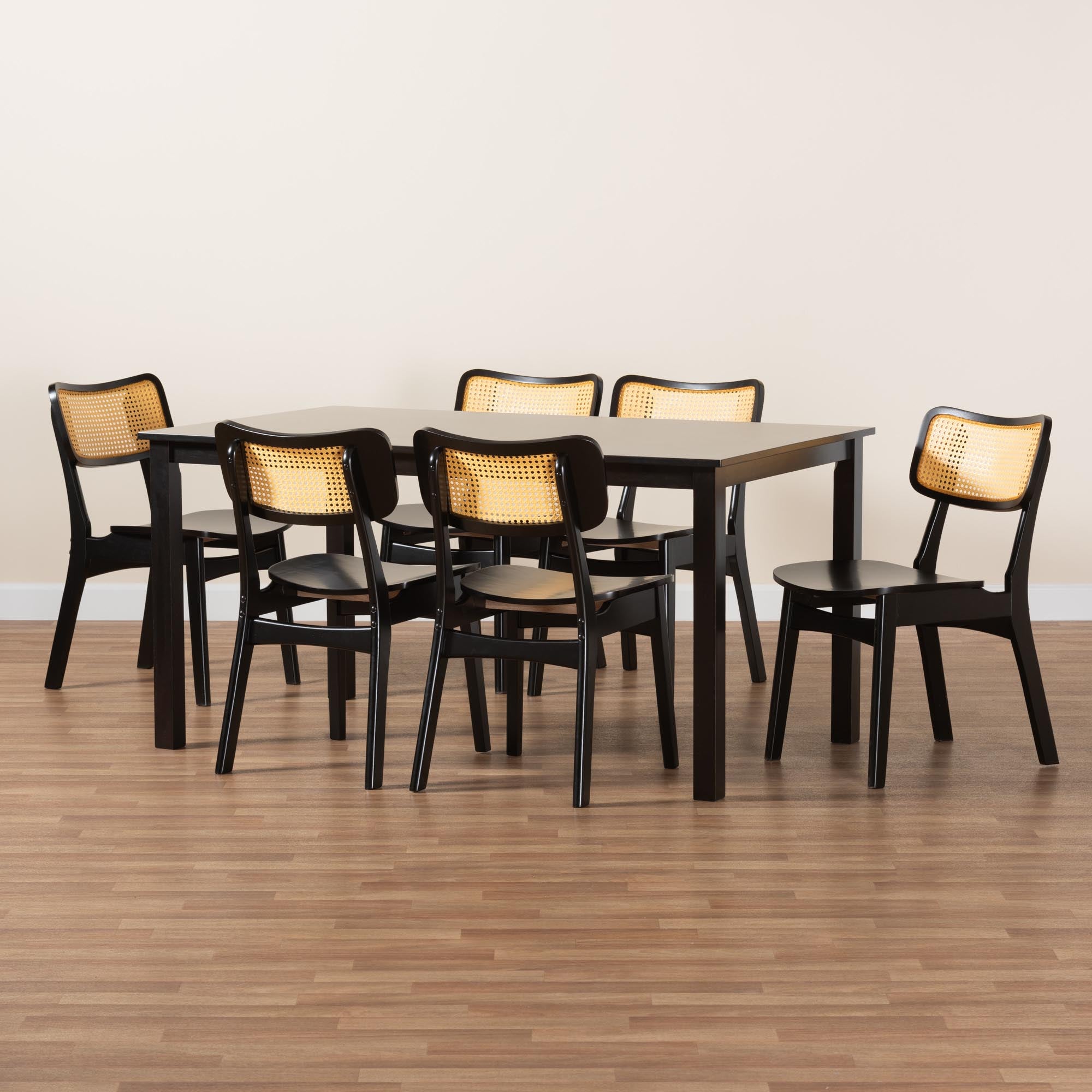 Estera Mid-Century Modern Dark Brown Finished Wood and Rattan 7-Piece Dining Set