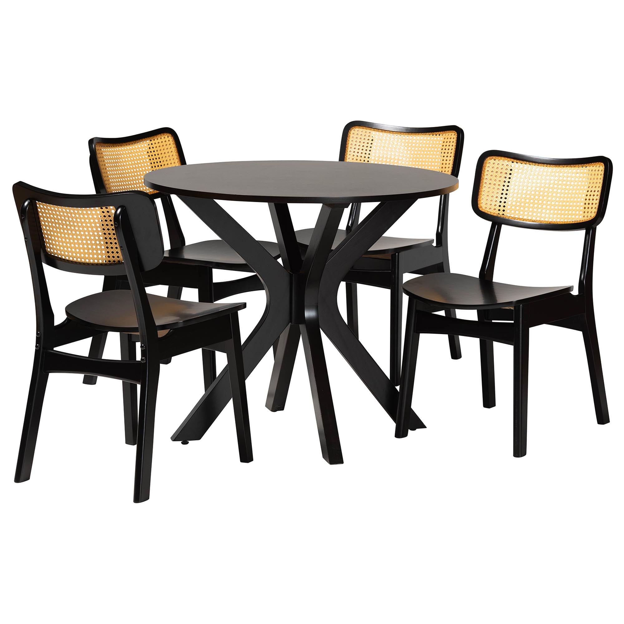 Linnet Mid-Century Modern Dark Brown Finished Wood and Rattan 5-Piece Dining Set