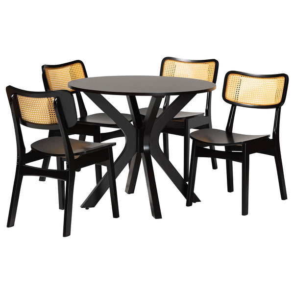 Linnet Mid-Century Modern Dark Brown Finished Wood and Rattan 5-Piece Dining Set