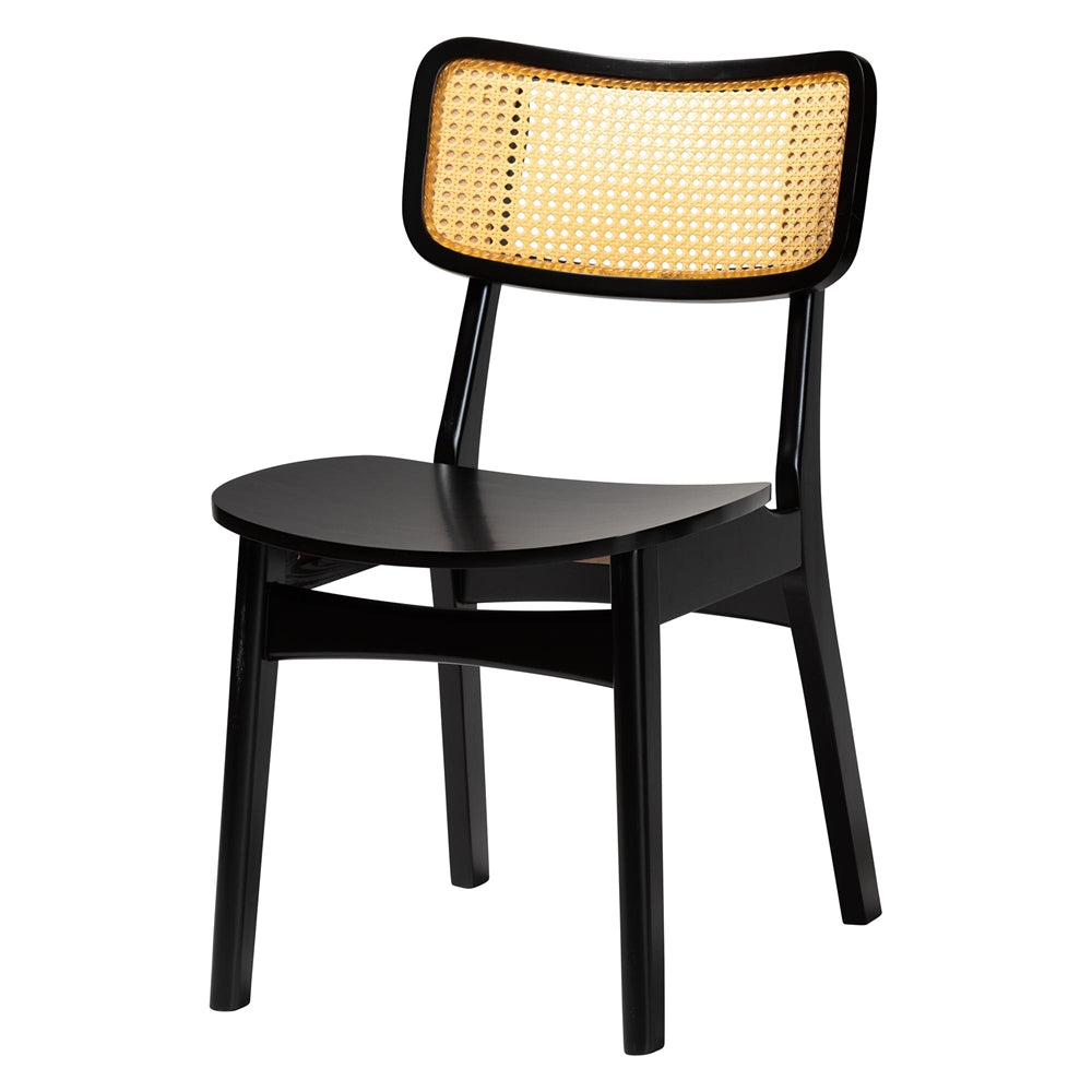Linnet Mid-Century Modern Dark Brown Finished Wood and Rattan 7-Piece Dining Set