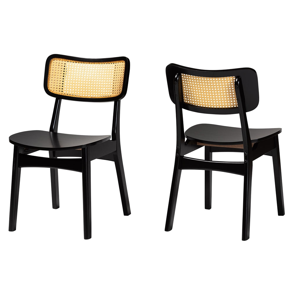 Tafari Mid-Century Modern Dark Brown Finished Wood and Rattan 2-Piece Dining Chair Set