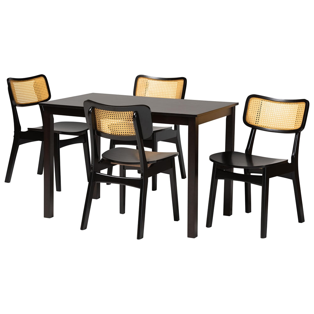 Estera Mid-Century Modern Dark Brown Finished Wood and Rattan 5-Piece Dining Set