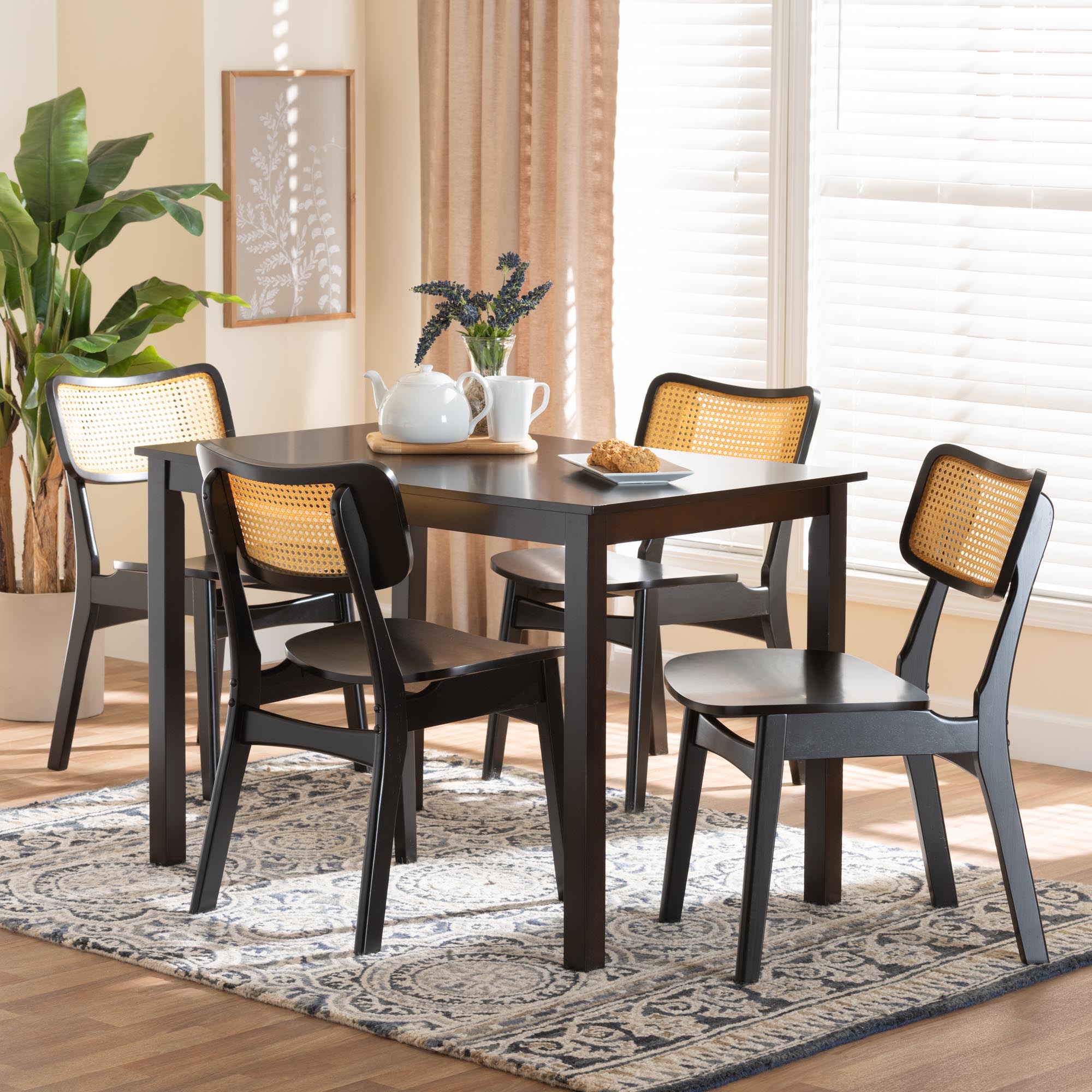 Estera Mid-Century Modern Dark Brown Finished Wood and Rattan 5-Piece Dining Set