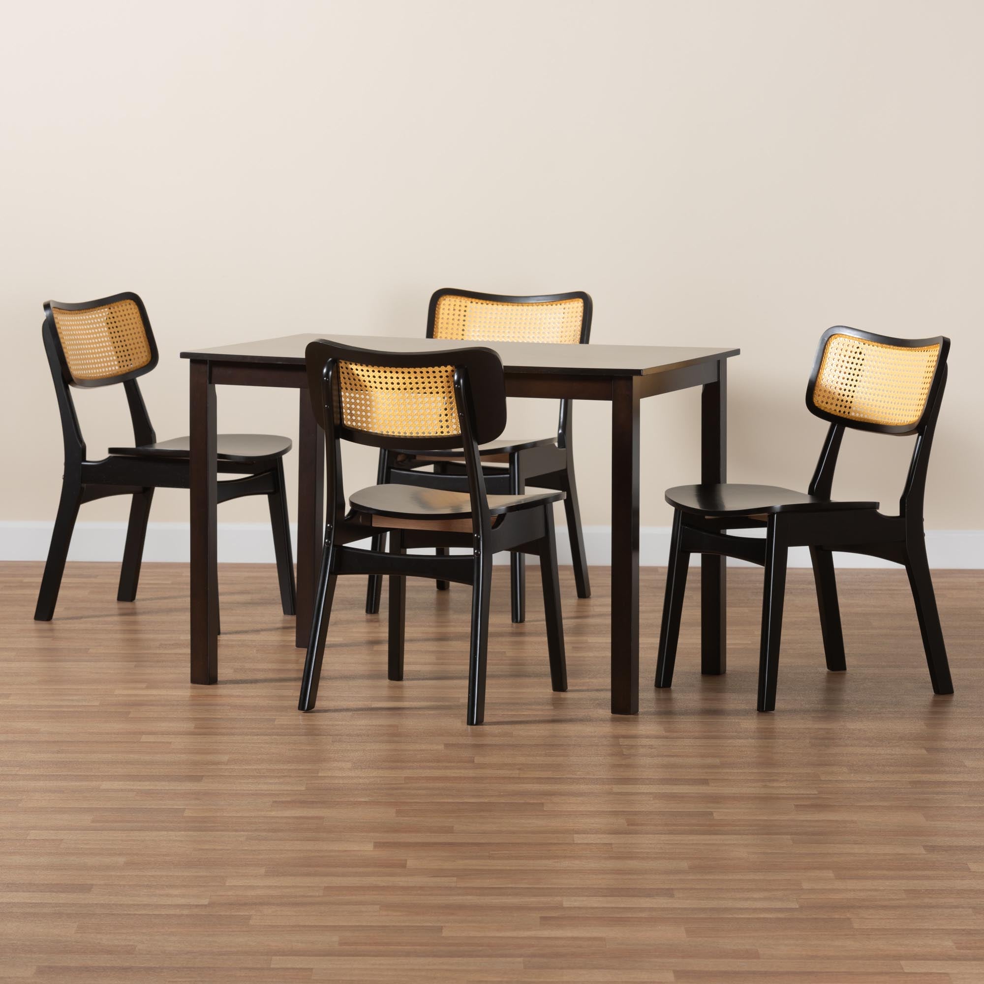 Estera Mid-Century Modern Dark Brown Finished Wood and Rattan 5-Piece Dining Set