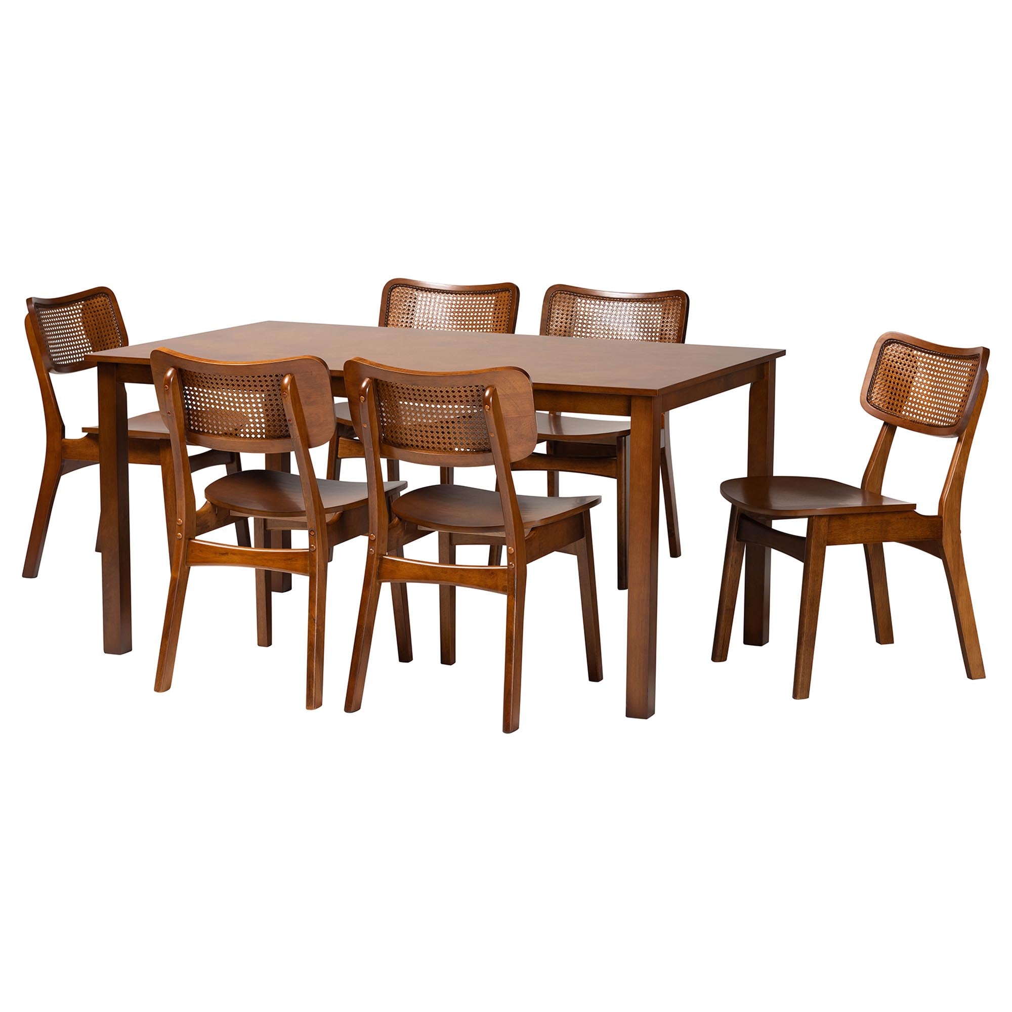 Estera Mid-Century Modern Walnut Brown Finished Wood and Rattan 7-Piece Dining Set