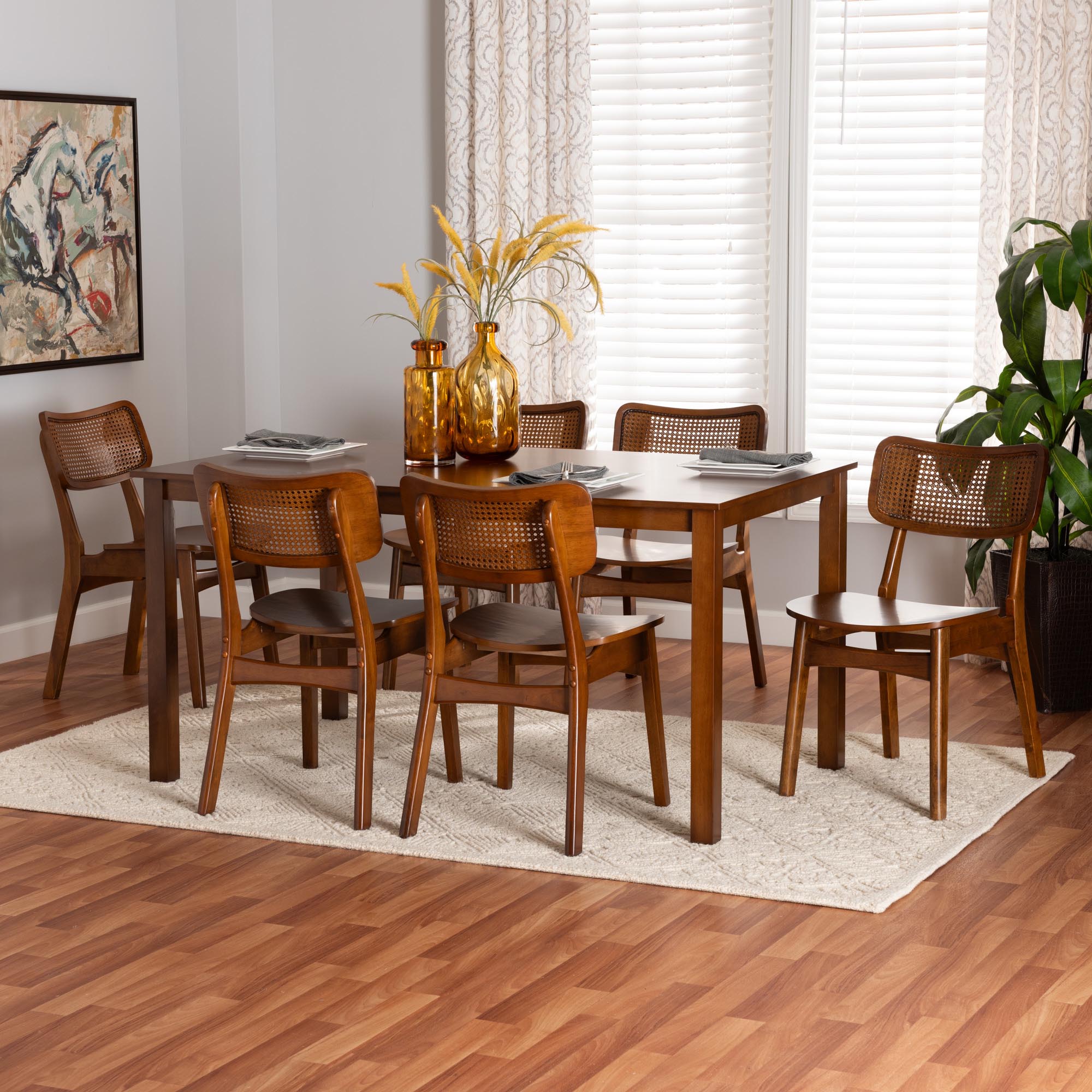 Estera Mid-Century Modern Walnut Brown Finished Wood and Rattan 7-Piece Dining Set