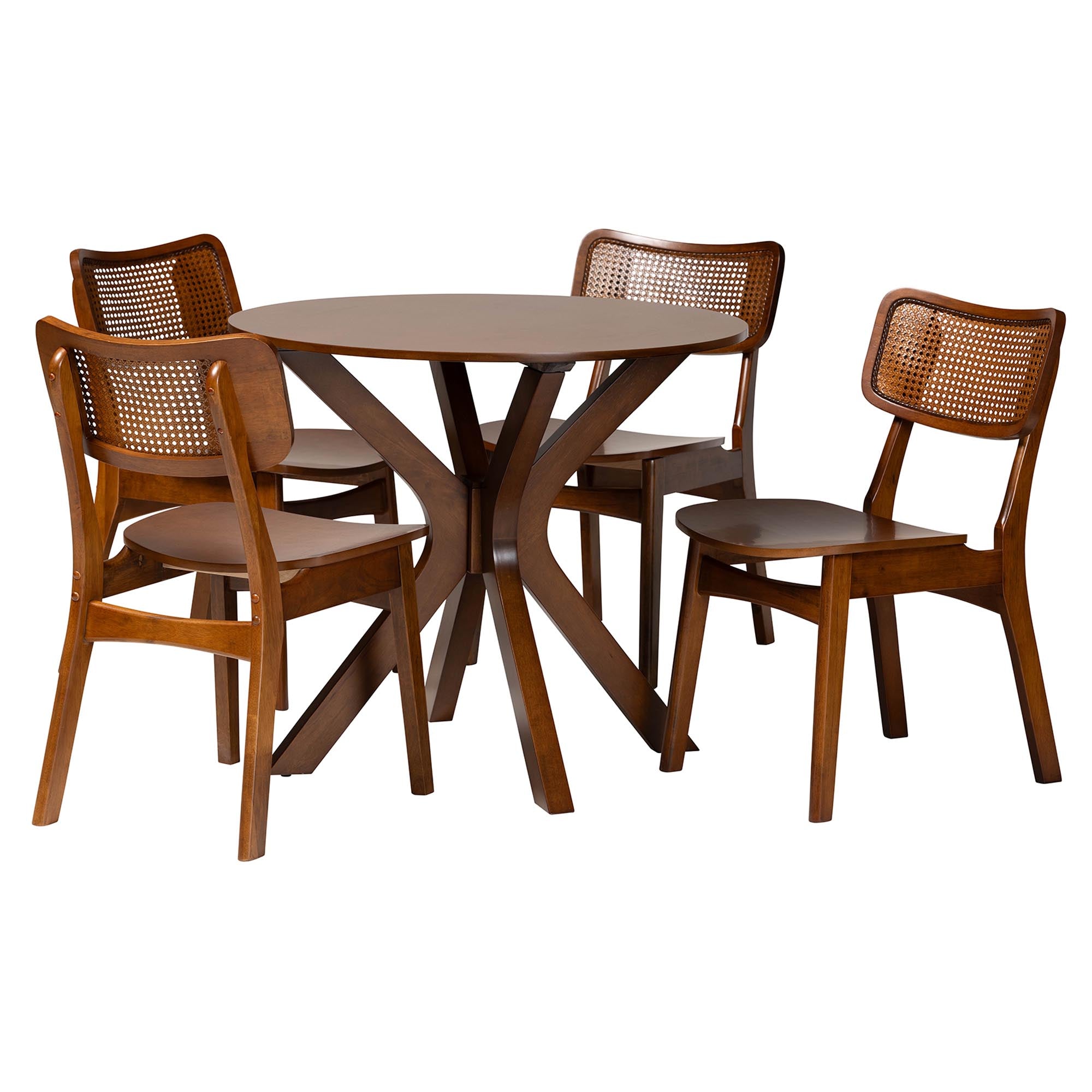 Linnet Mid-Century Modern Walnut Brown Finished Wood and Rattan 5-Piece Dining Set