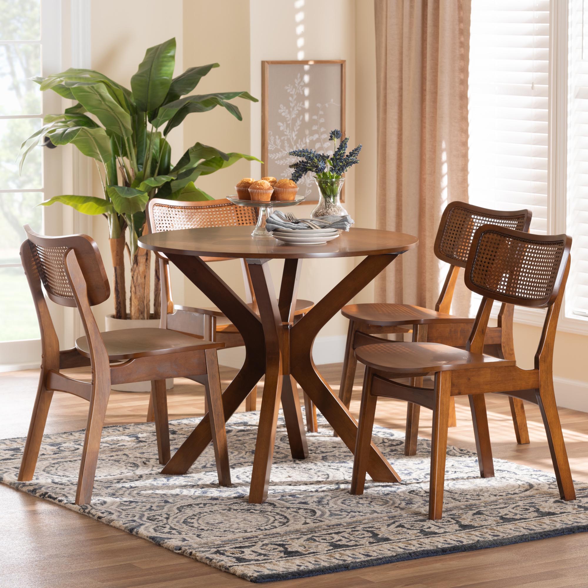 Linnet Mid-Century Modern Walnut Brown Finished Wood and Rattan 5-Piece Dining Set