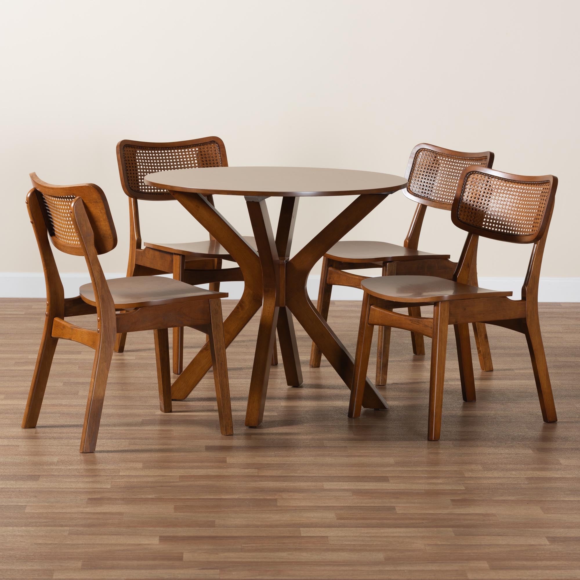Linnet Mid-Century Modern Walnut Brown Finished Wood and Rattan 5-Piece Dining Set