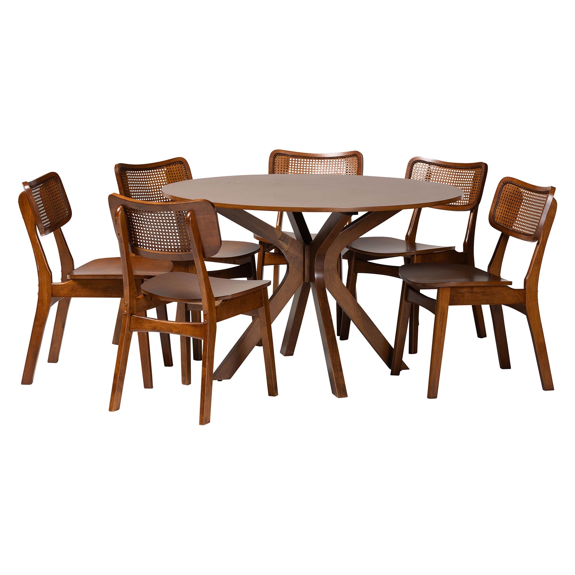 Linnet Mid-Century Modern Walnut Brown Finished Wood and Rattan 7-Piece Dining Set