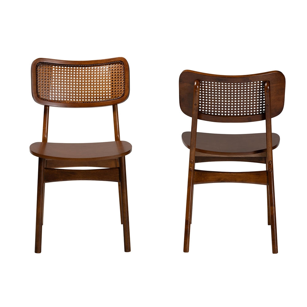 Tafari Mid-Century Modern Walnut Brown Finished Wood and Rattan 2-Piece Dining Chair Set