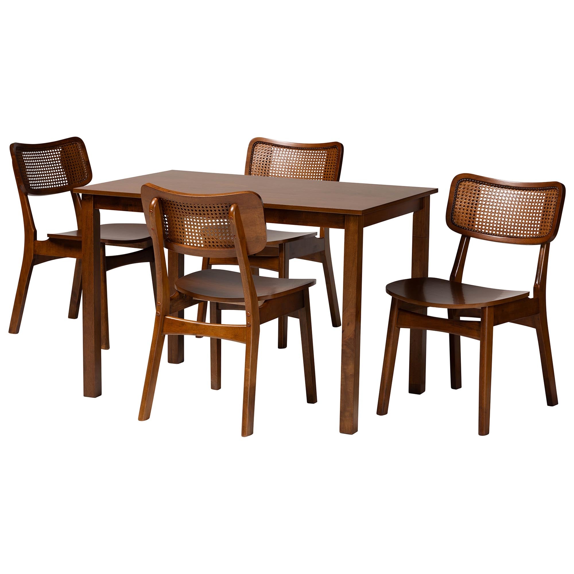 Estera Mid-Century Modern Walnut Brown Finished Wood and Rattan 5-Piece Dining Set