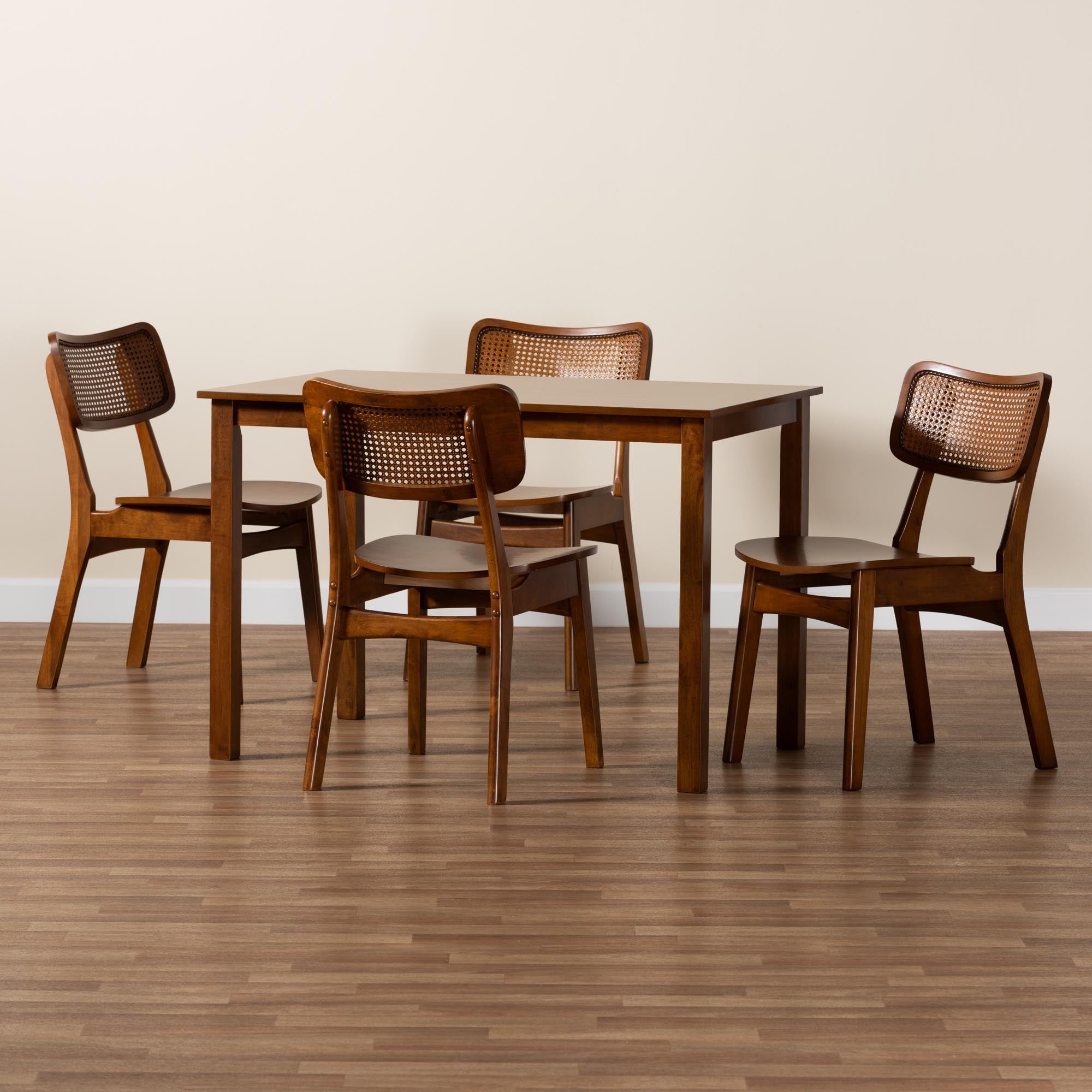 Estera Mid-Century Modern Walnut Brown Finished Wood and Rattan 5-Piece Dining Set