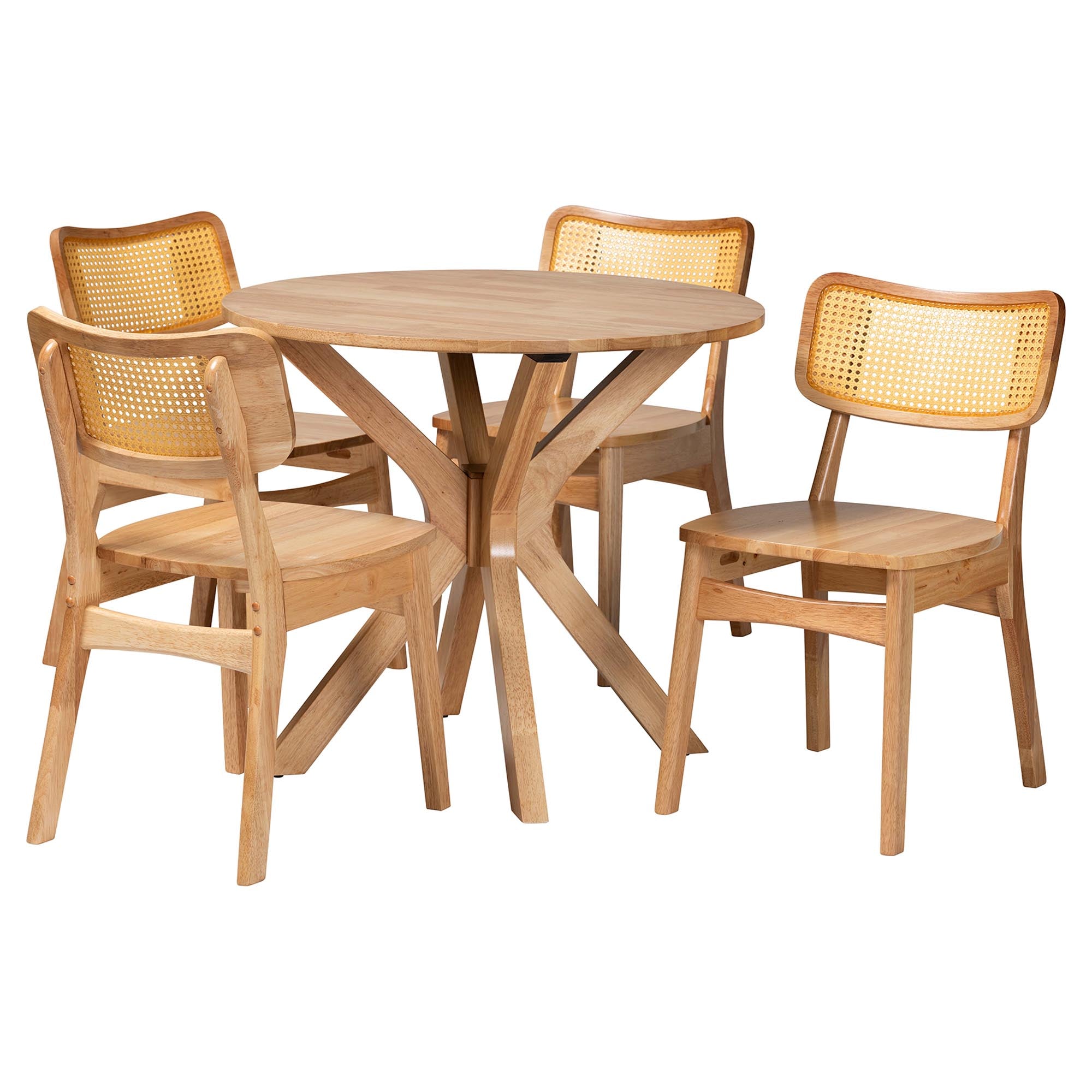 Camilo Mid-Century Modern Oak Brown Finished Wood and Rattan 5-Piece Dining Set