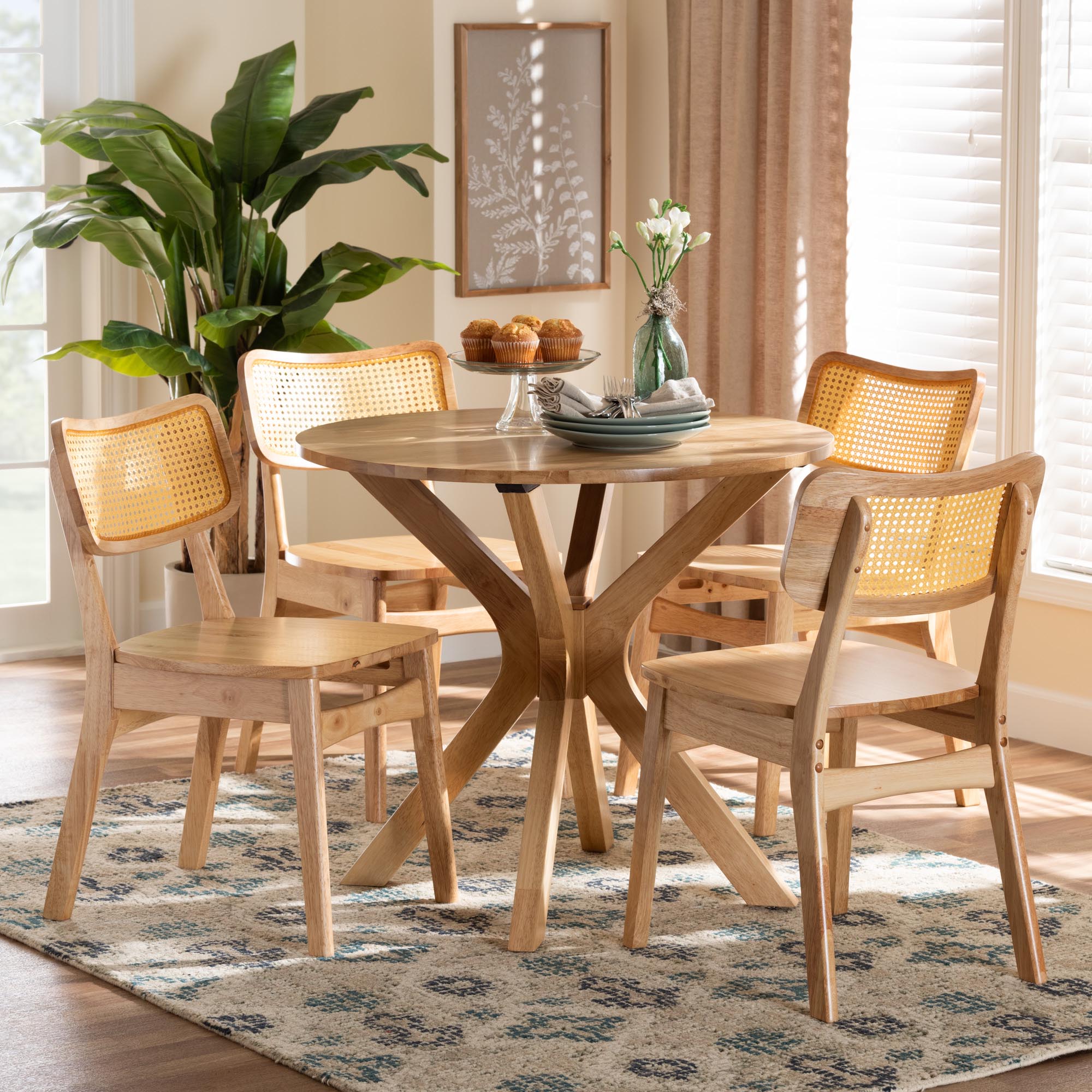 Camilo Mid-Century Modern Oak Brown Finished Wood and Rattan 5-Piece Dining Set