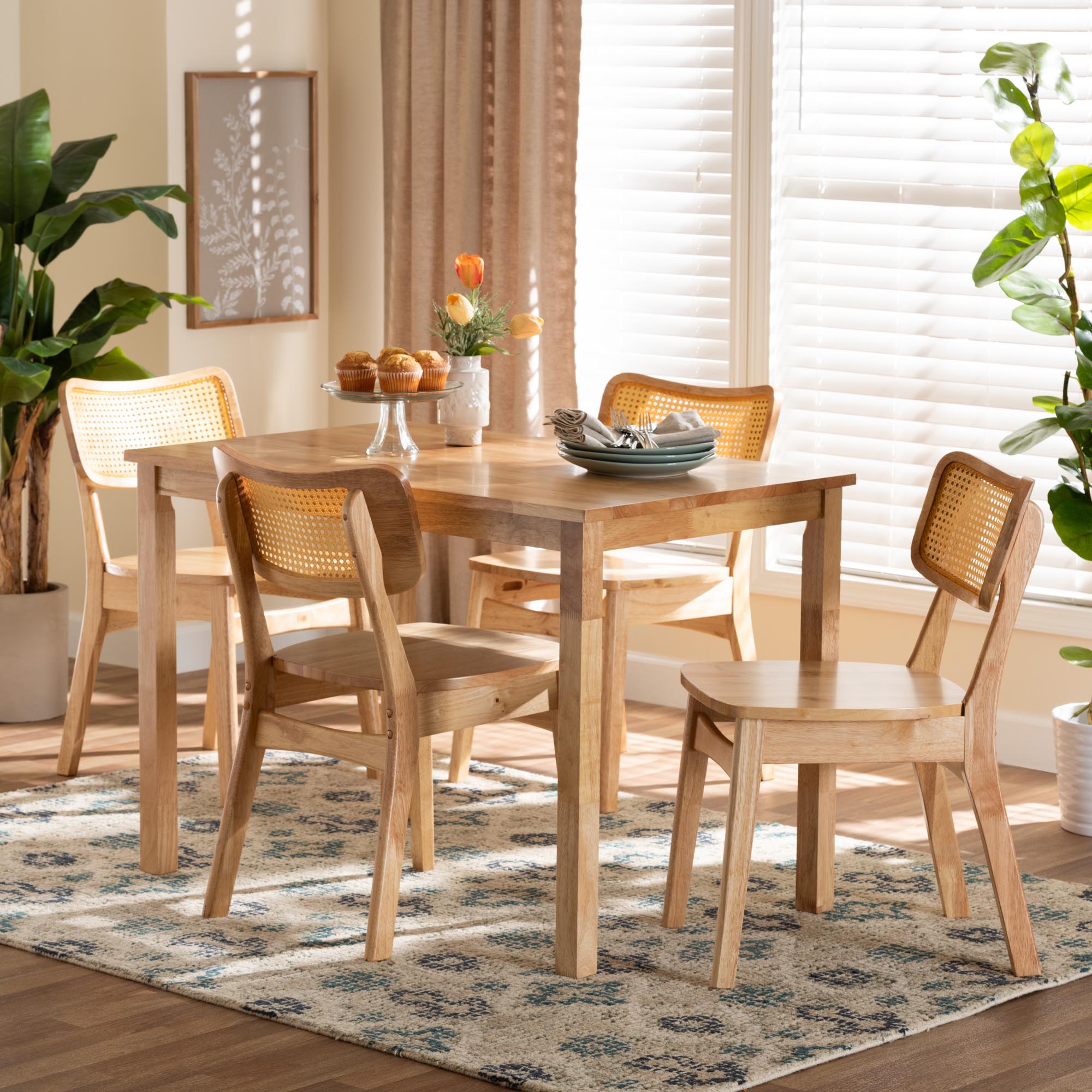 Dulcet Mid-Century Modern Oak Brown Finished Wood and Rattan 5-Piece Dining Set