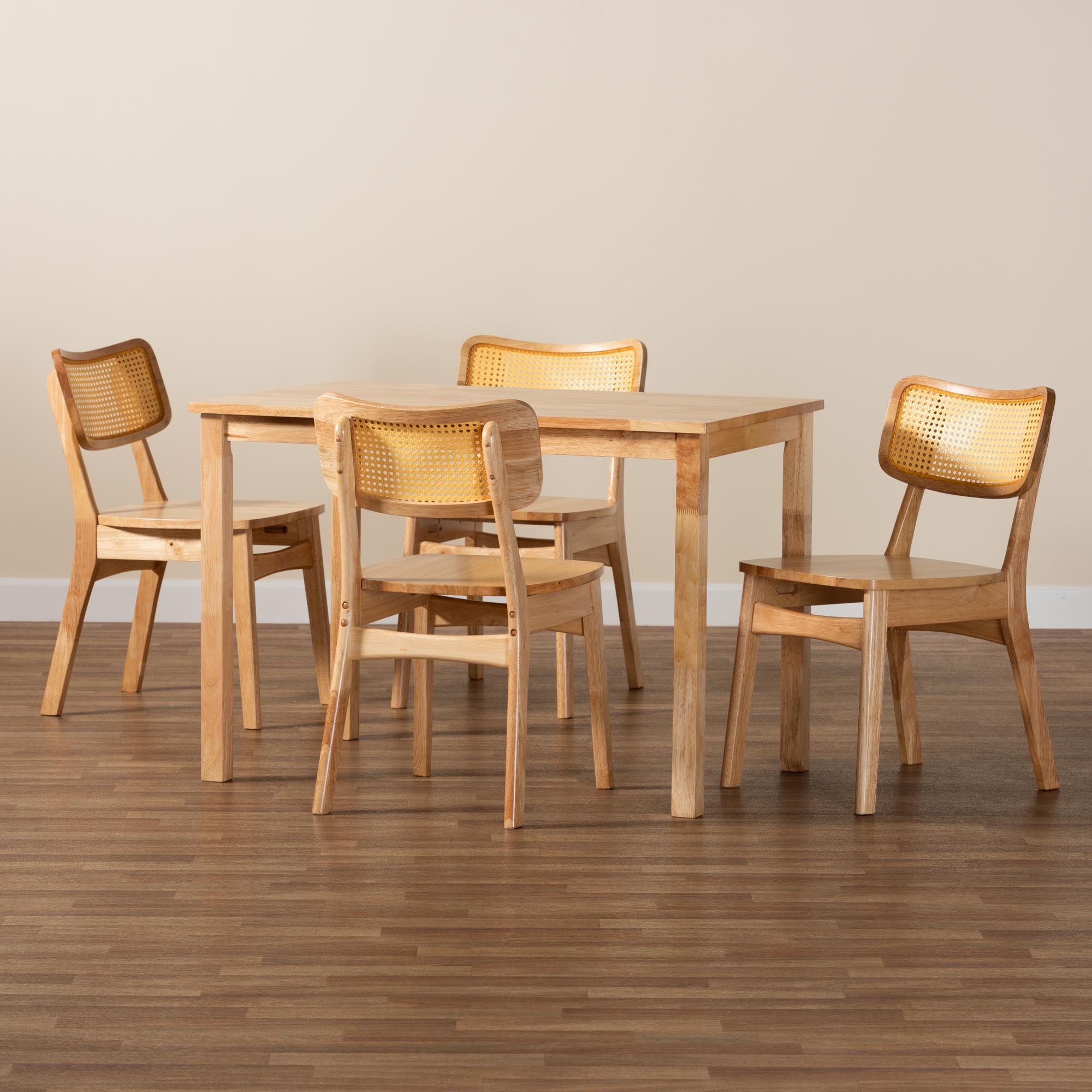 Dulcet Mid-Century Modern Oak Brown Finished Wood and Rattan 5-Piece Dining Set