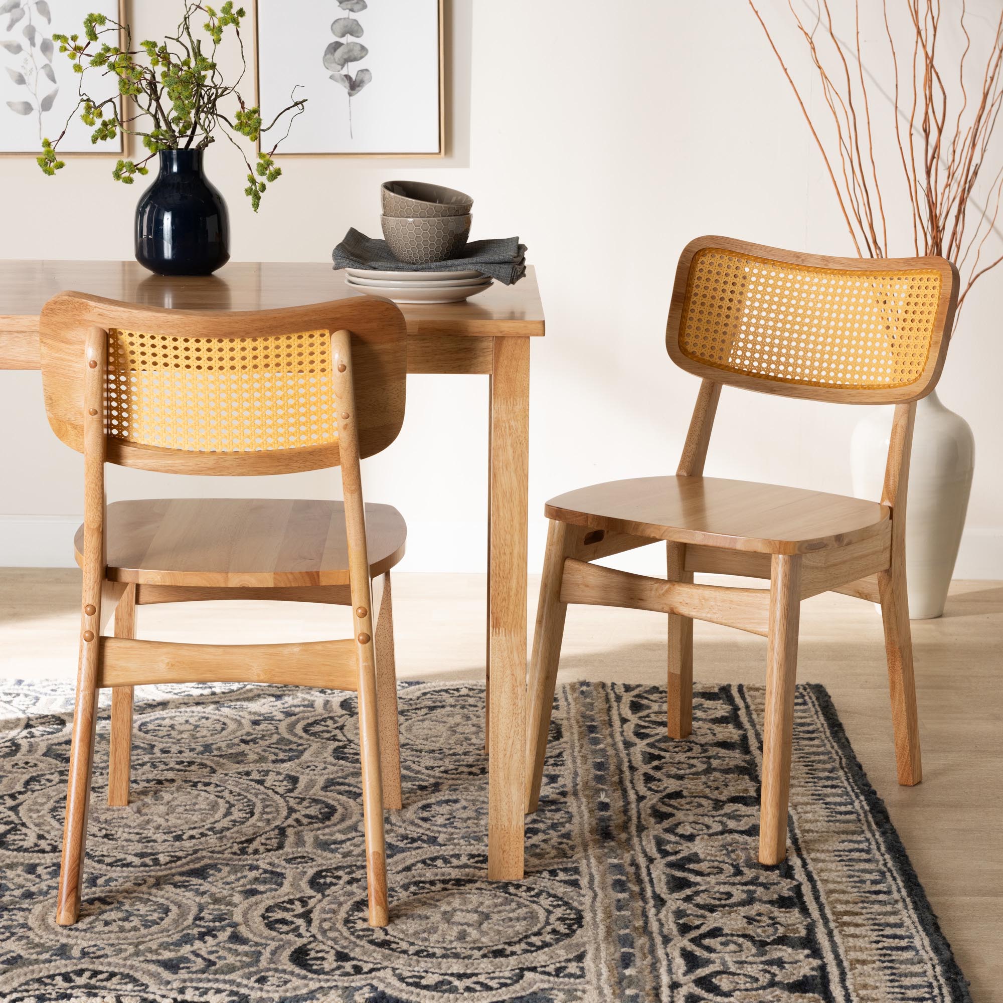 Tadeo Mid-Century Modern Oak Brown Finished Wood and Rattan 2-Piece Dining Chair Set