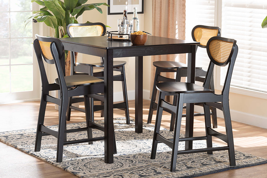 Hesper Mid-Century Modern Dark Brown Finished Wood and Rattan 5-Piece Pub Set