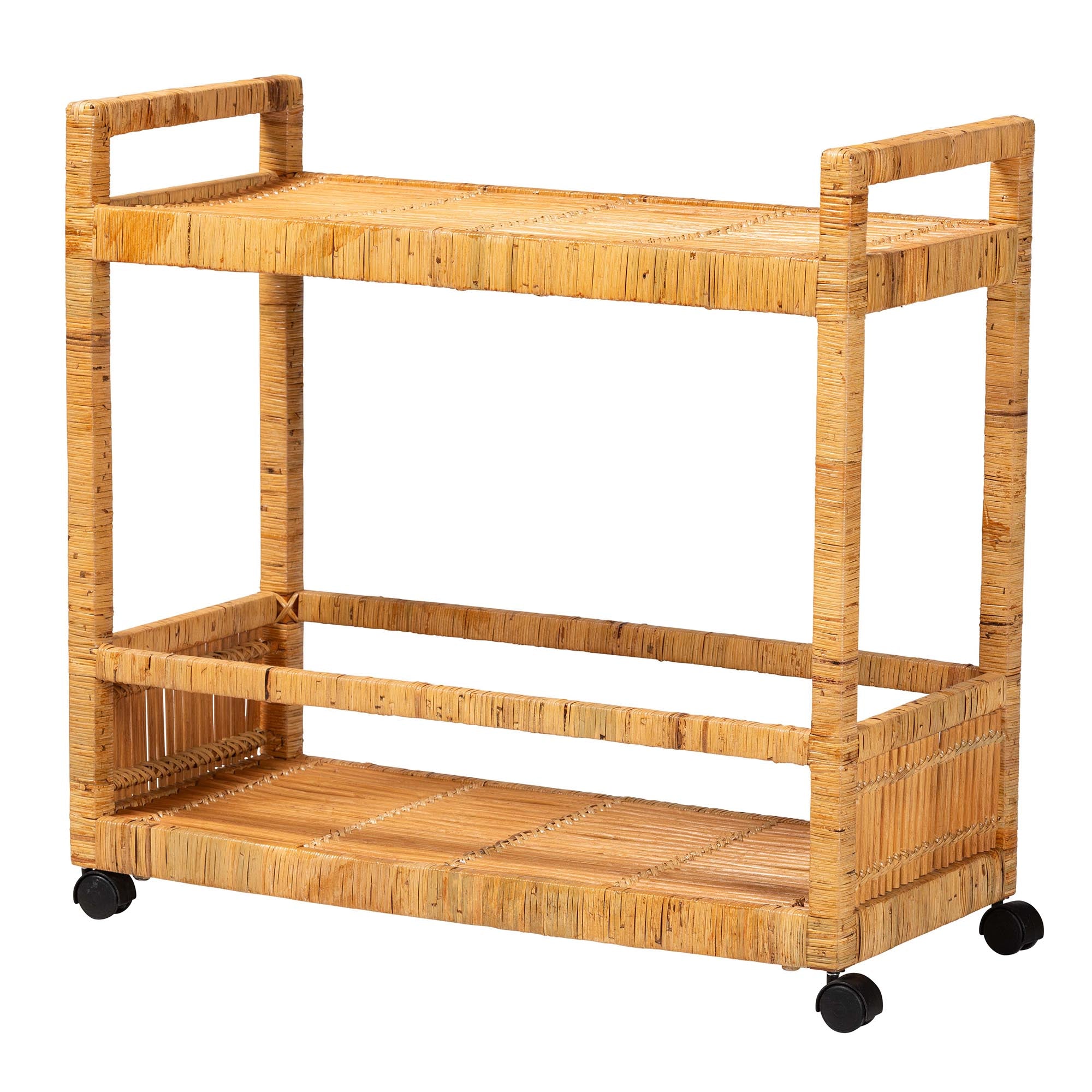 bali & pari Genet Modern Bohemian Natural Brown Rattan and Teak Wood 2-Tier Kitchen Cart