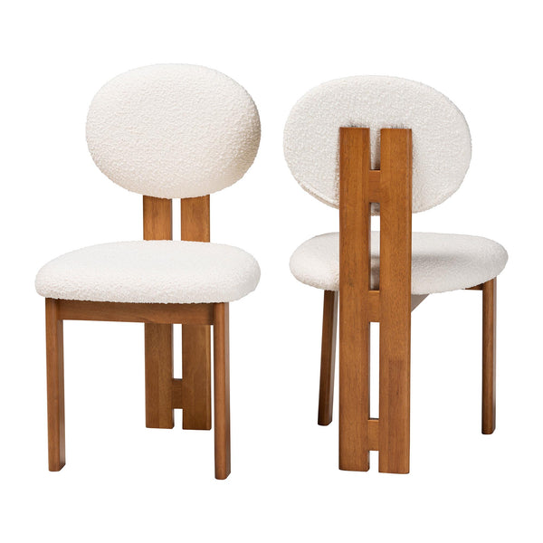 Kacela Modern Japandi Cream Boucle Fabric and Walnut Brown Finished Wood 2-Piece Dining Chair Set