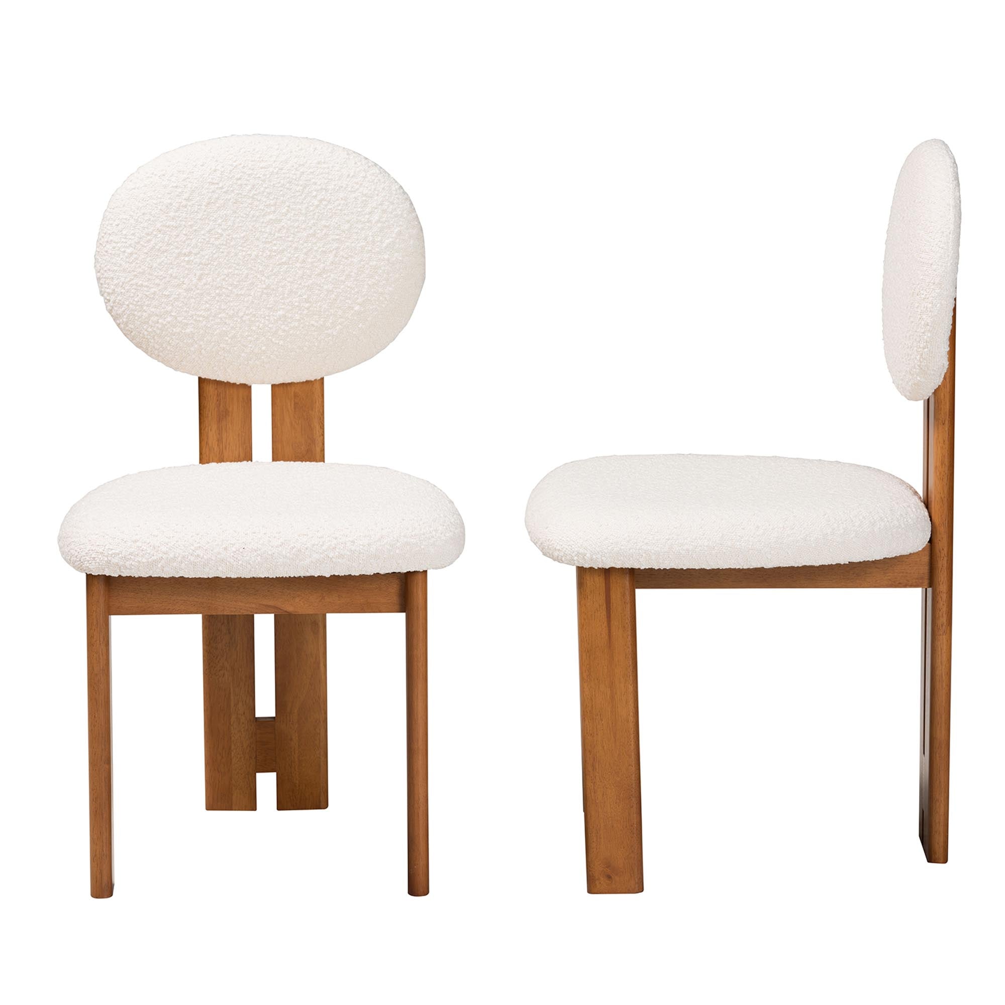 Kacela Modern Japandi Cream Boucle Fabric and Walnut Brown Finished Wood 2-Piece Dining Chair Set