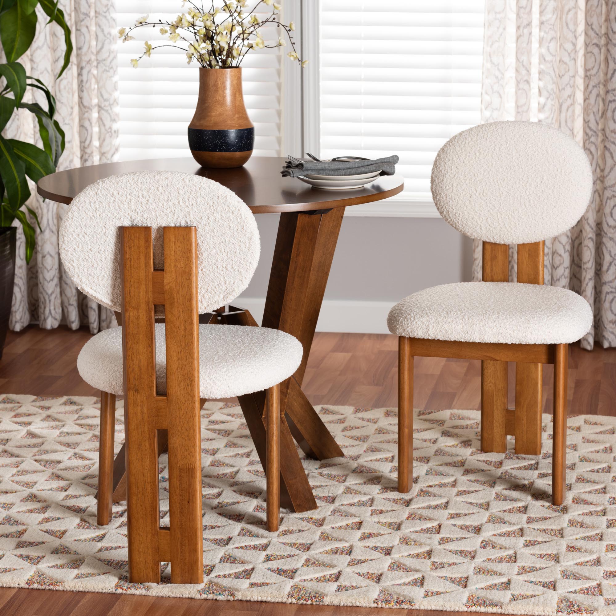 Kacela Modern Japandi Cream Boucle Fabric and Walnut Brown Finished Wood 2-Piece Dining Chair Set