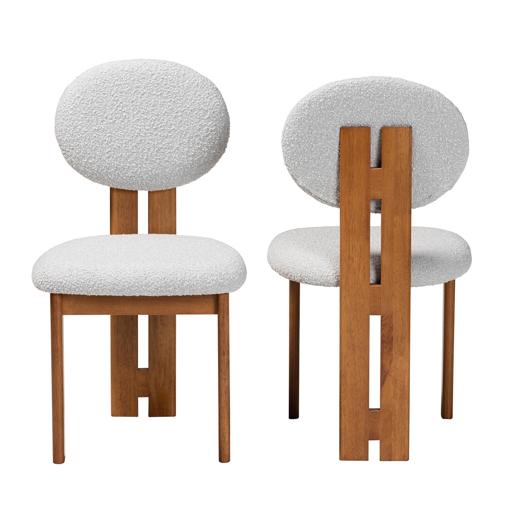 Kacela Modern Japandi Light Grey Boucle Fabric and Walnut Brown Finished Wood 2-Piece Dining Chair Set