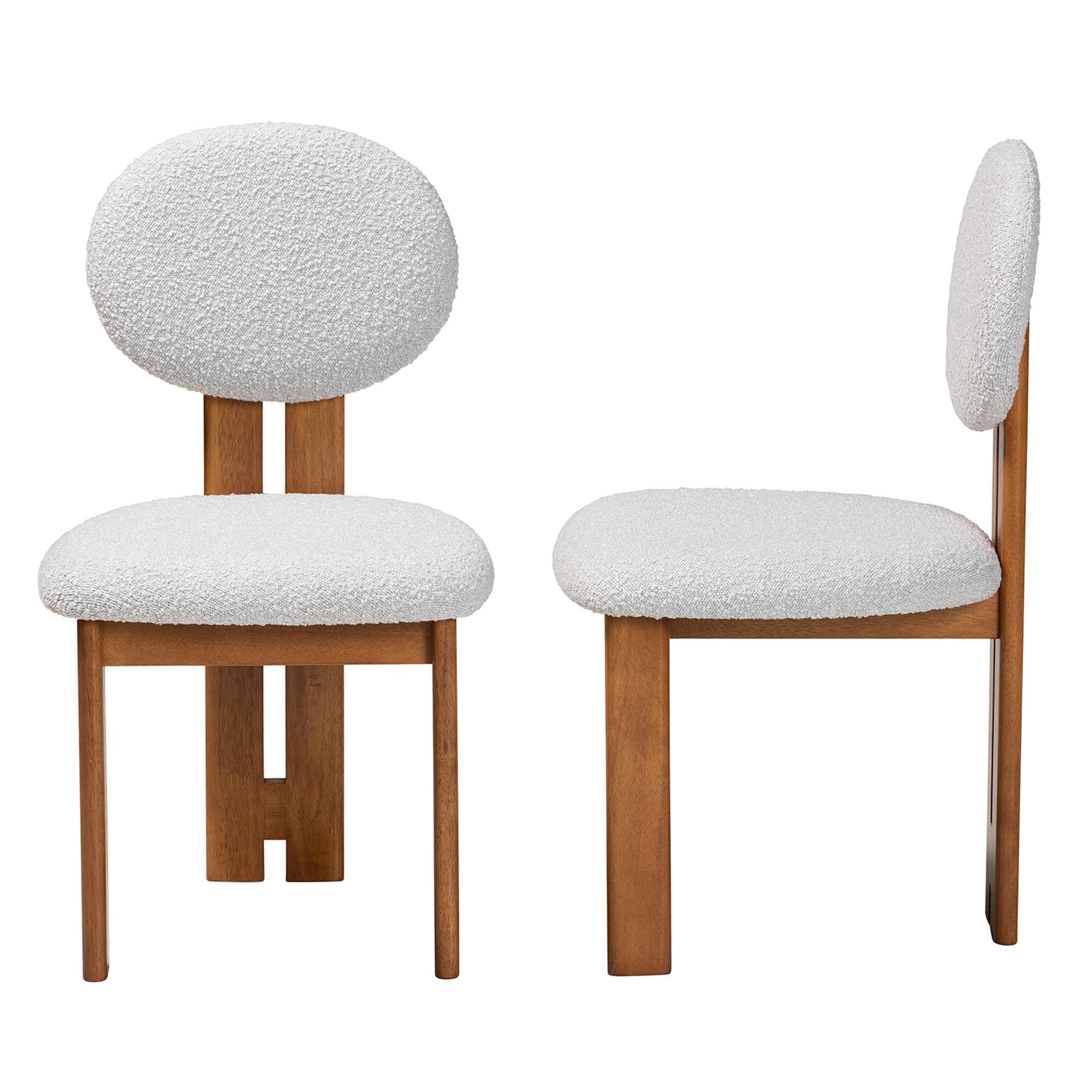 Kacela Modern Japandi Light Grey Boucle Fabric and Walnut Brown Finished Wood 2-Piece Dining Chair Set