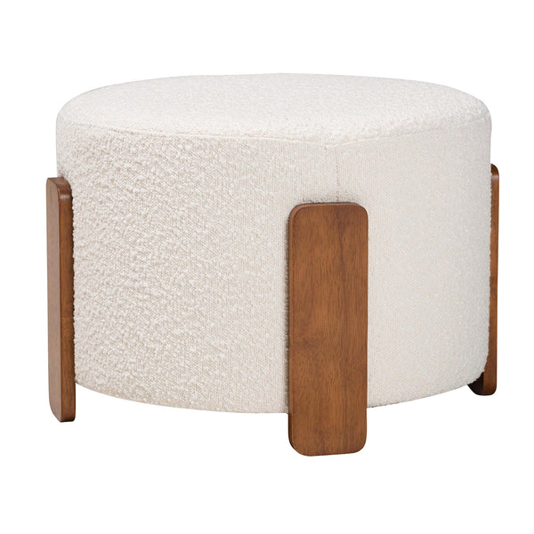 Finlay Modern Japandi Cream Boucle Fabric and Walnut Brown Finished Wood Ottoman Footstool