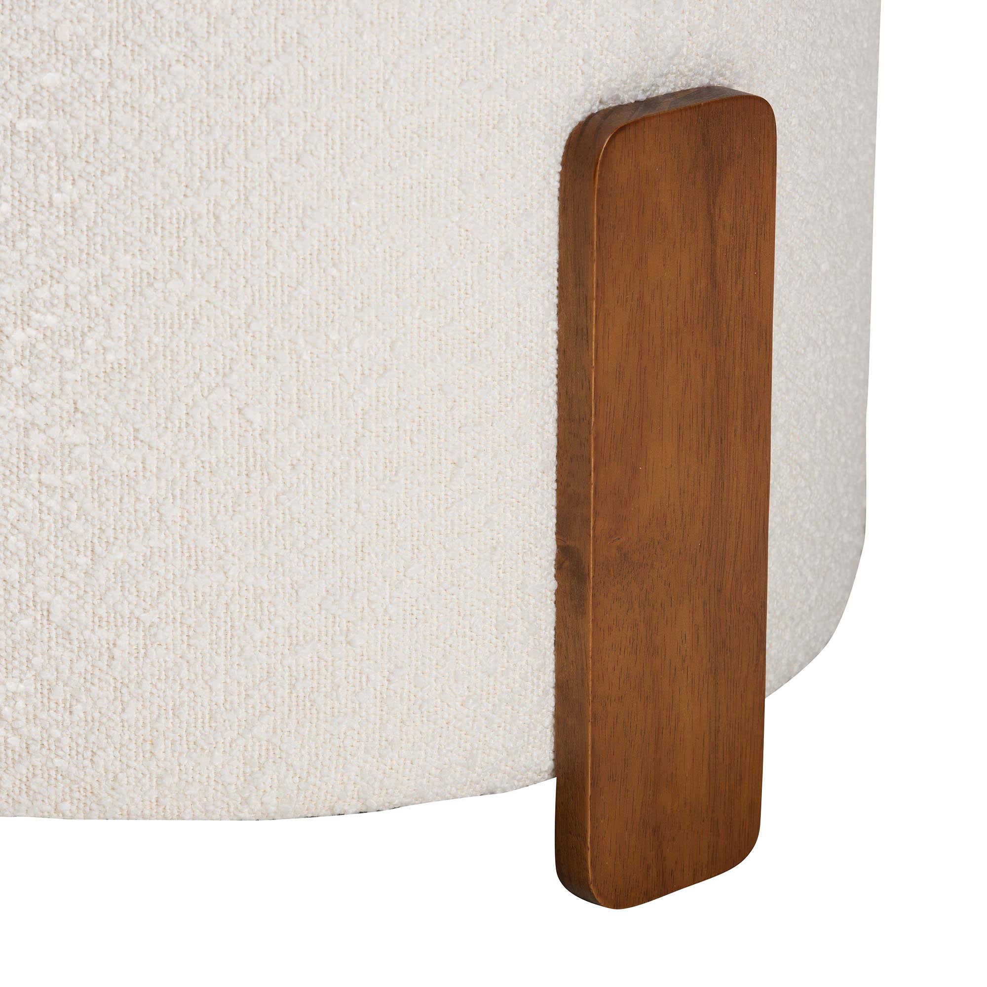 Finlay Modern Japandi Cream Boucle Fabric and Walnut Brown Finished Wood Ottoman Footstool