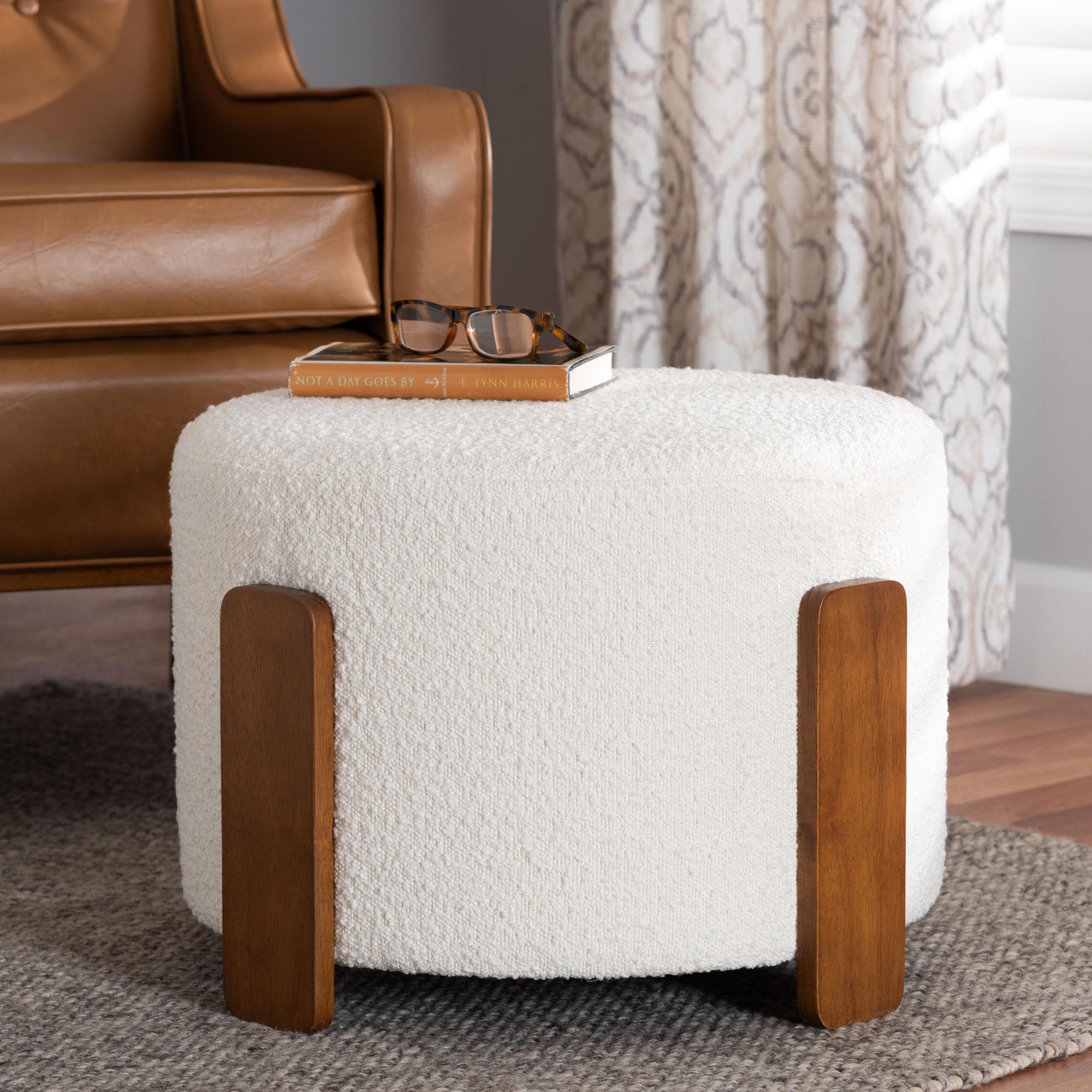 Finlay Modern Japandi Cream Boucle Fabric and Walnut Brown Finished Wood Ottoman Footstool