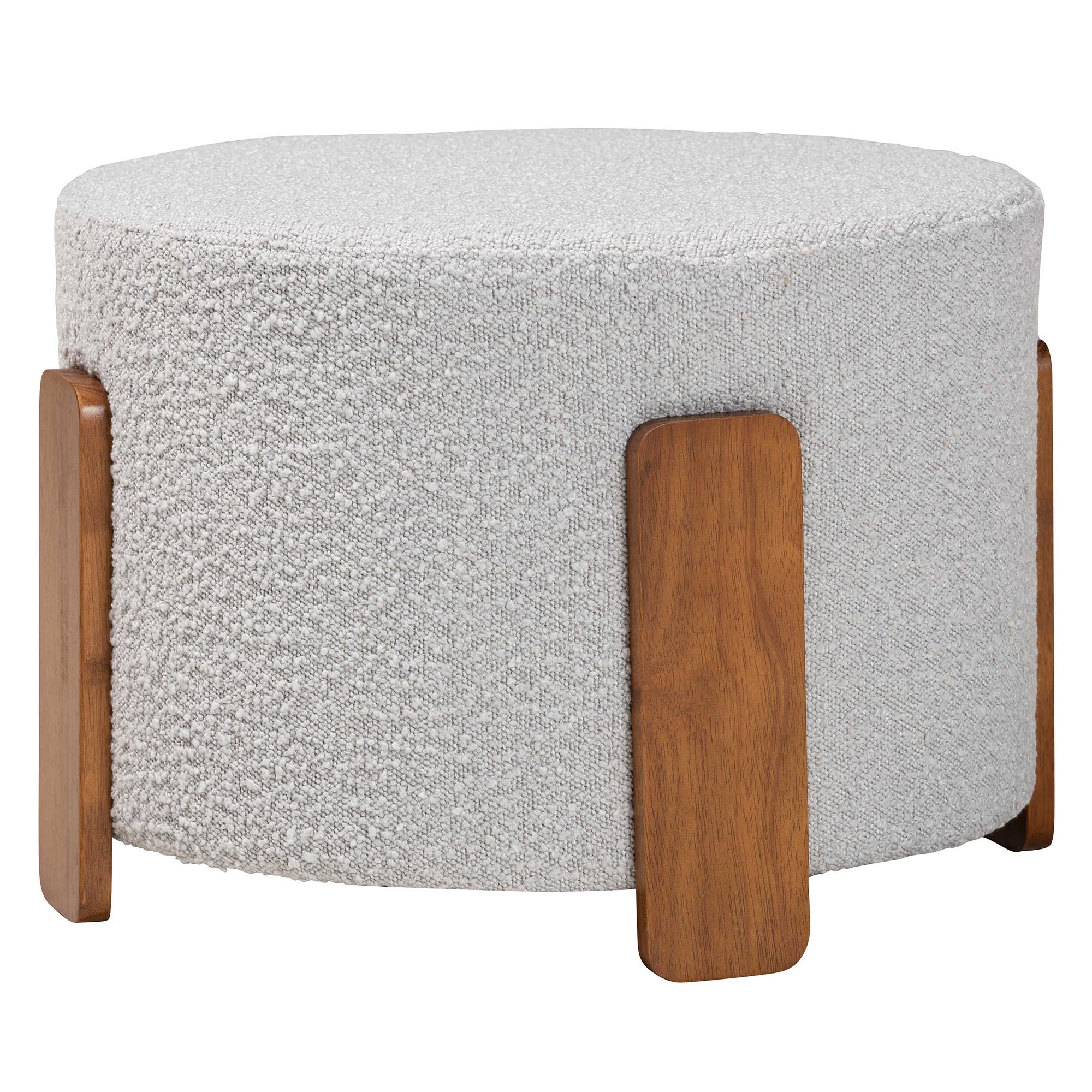 Baxton Studio Finlay Modern Japandi Light Grey Boucle Fabric and Walnut Brown Finished Wood Ottoman Footstool