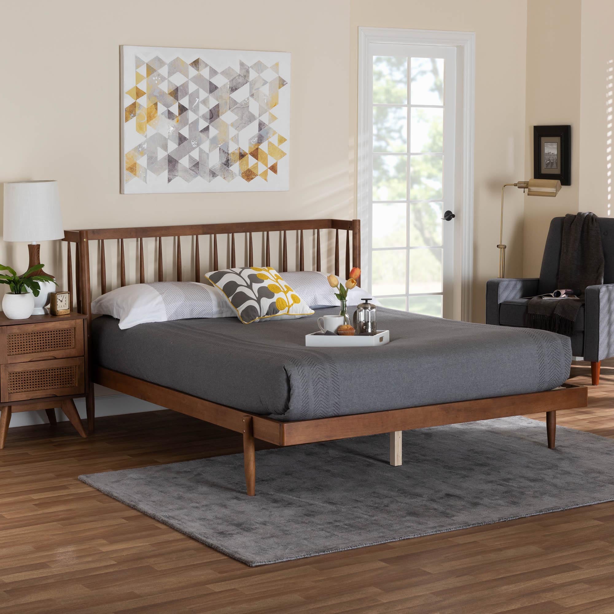 Ramiro Queen Size Platform Bed – Walnut Brown Mid-Century Spindle Style