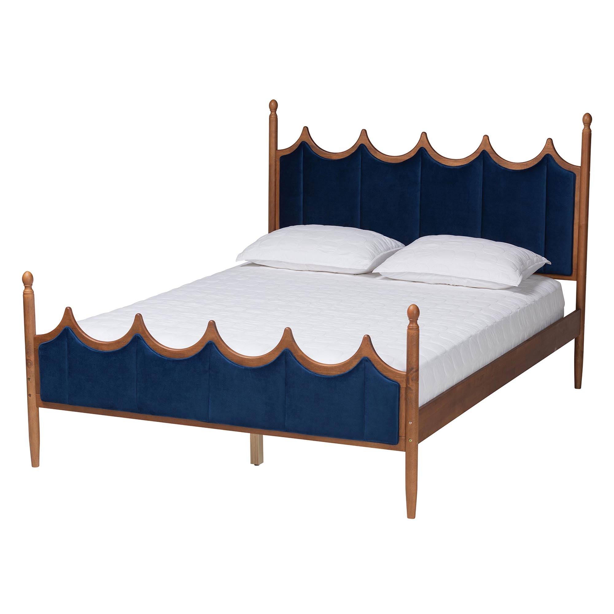 Calgary Retro-Modern Royal Blue Velvet Fabric And Walnut Brown Wood Queen Size Platform Bed