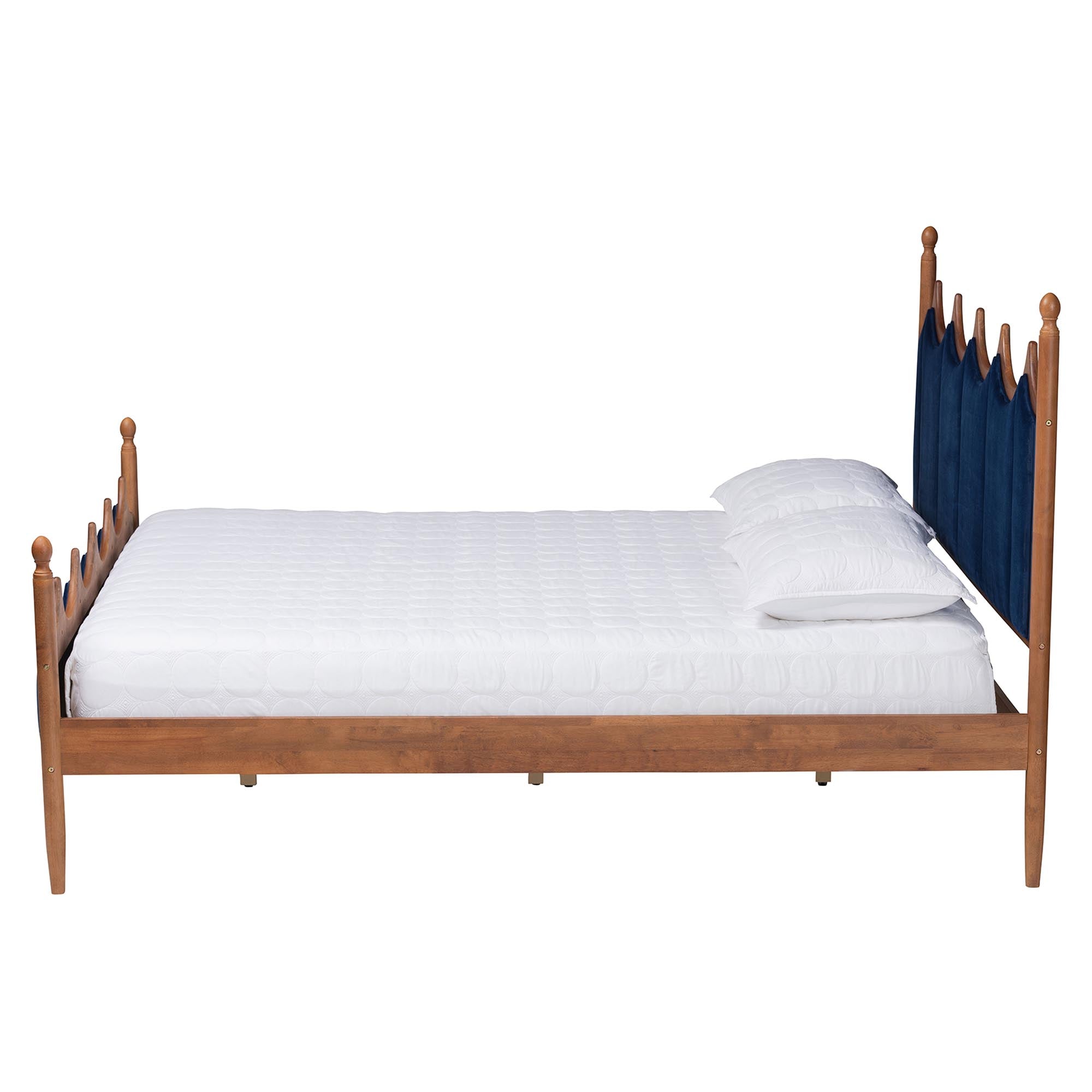 Calgary Retro-Modern Royal Blue Velvet Fabric And Walnut Brown Wood Queen Size Platform Bed