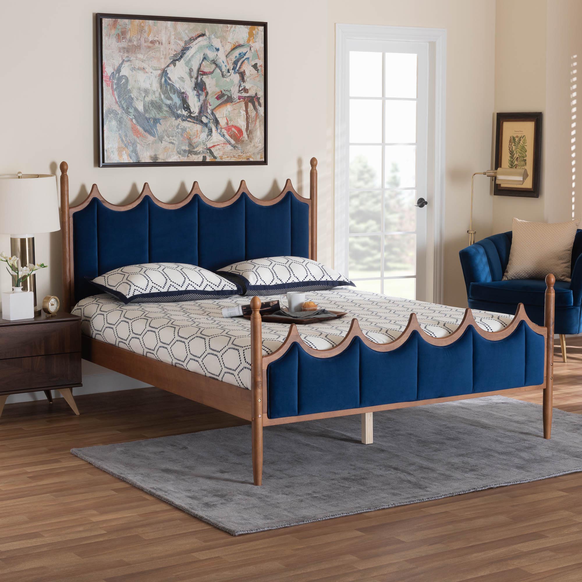 Calgary Retro-Modern Royal Blue Velvet Fabric And Walnut Brown Wood Queen Size Platform Bed