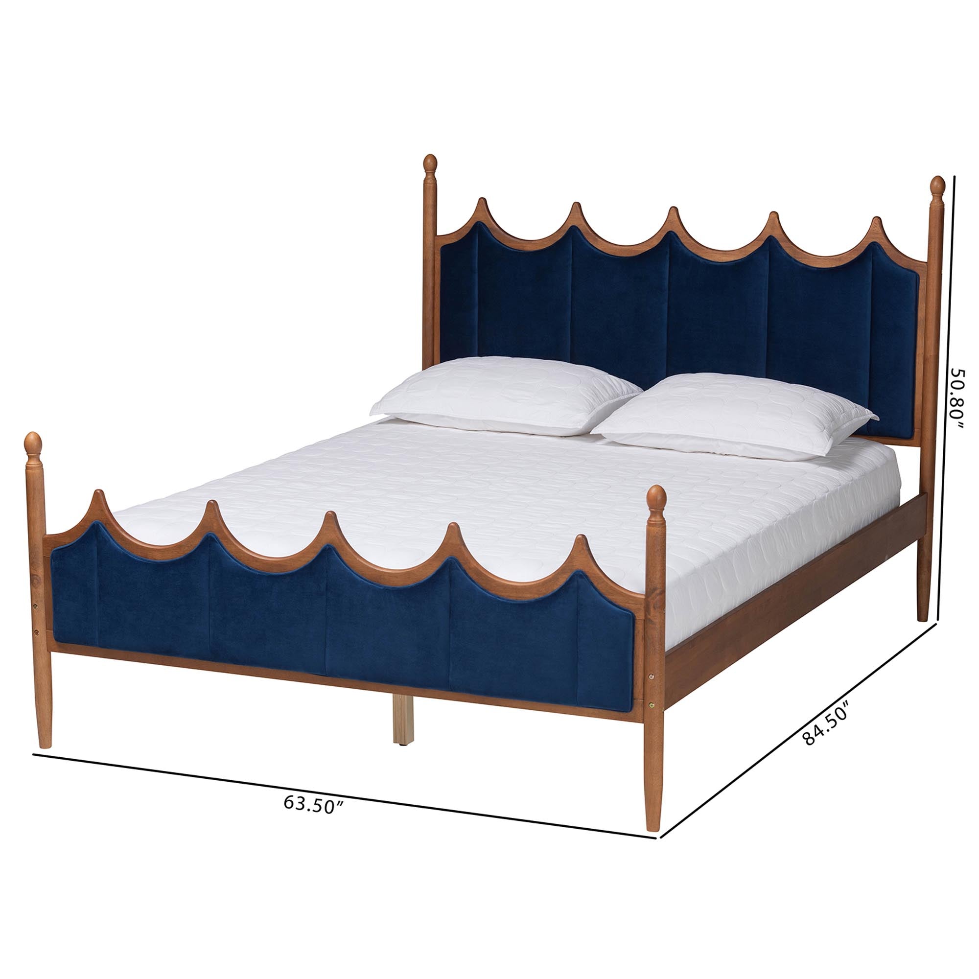 Calgary Retro-Modern Royal Blue Velvet Fabric And Walnut Brown Wood Queen Size Platform Bed