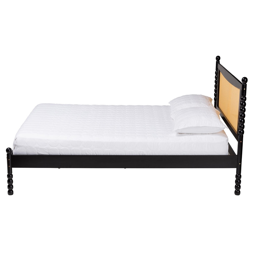 Okena Mid-Century Modern Black Wood Queen Size Platform Bed With Woven Rattan