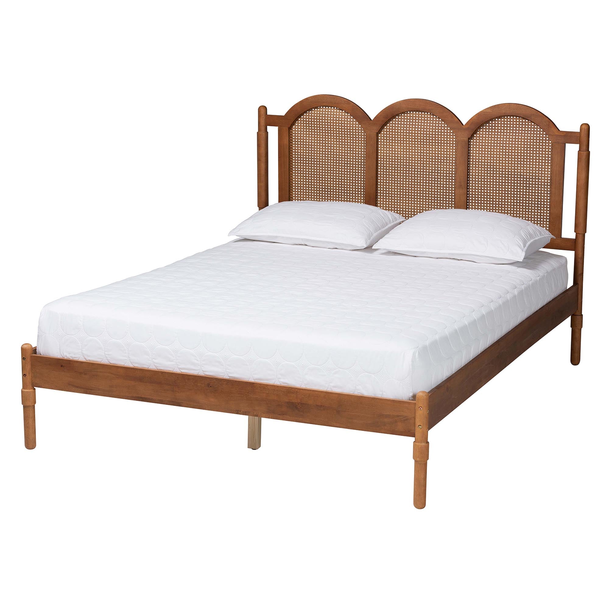 Micah Queen Rubberwood Platform Bed Frame  Mid-Century Triple Arch Design with Rattan