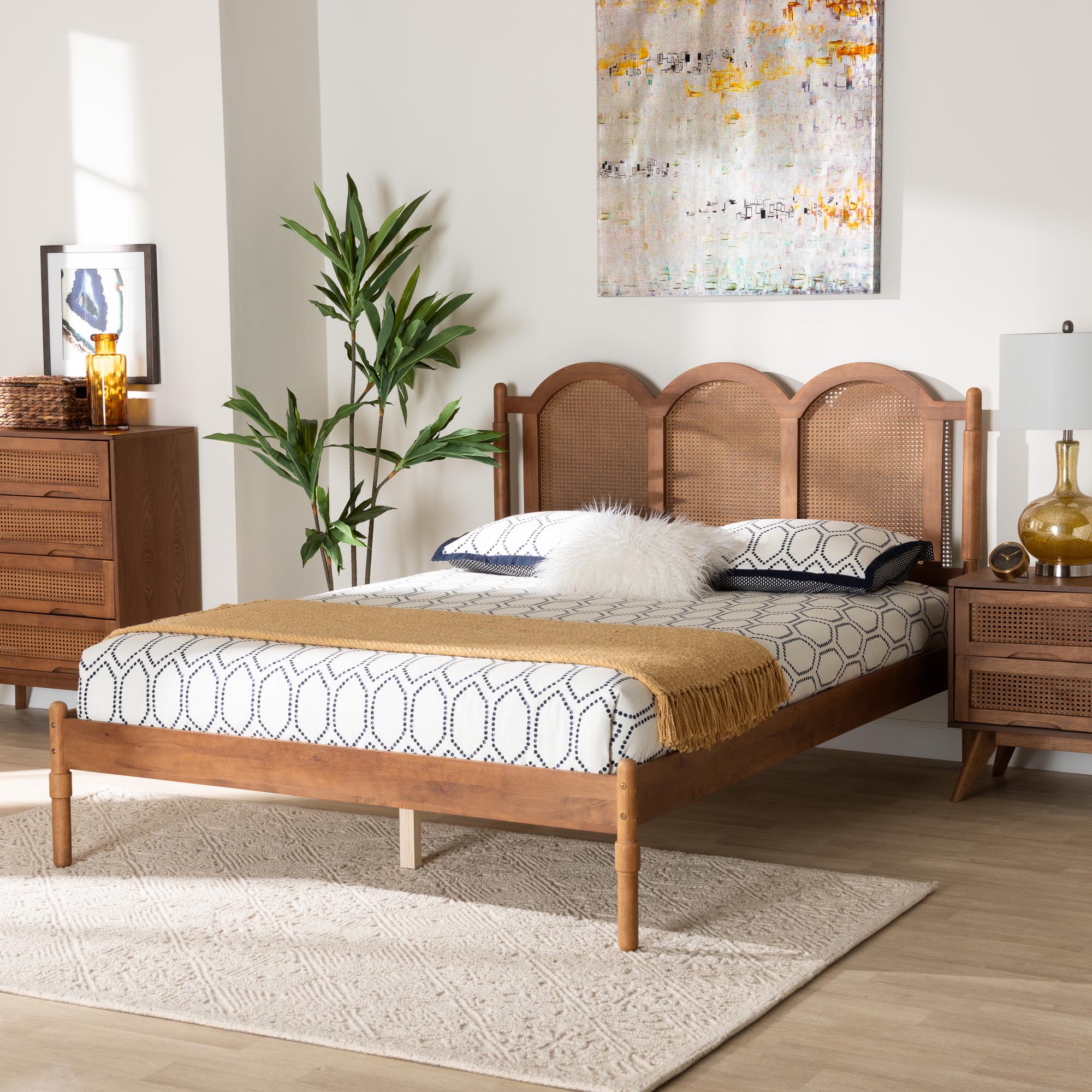 Micah Queen Rubberwood Platform Bed Frame  Mid-Century Triple Arch Design with Rattan