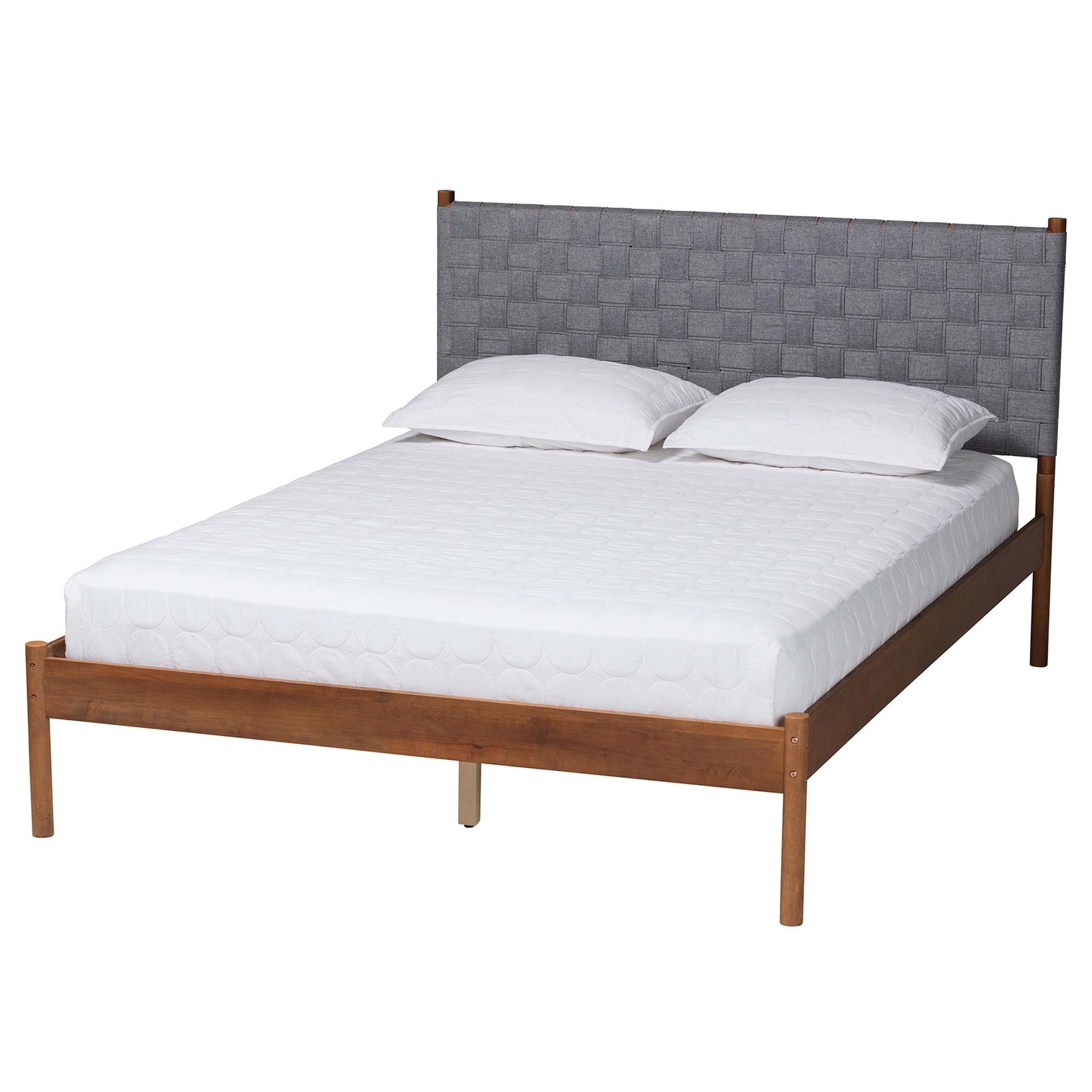 Barkley Queen Size Rubberwood Platform Bed  Mid-Century Modern with Grey Fabric Headboard